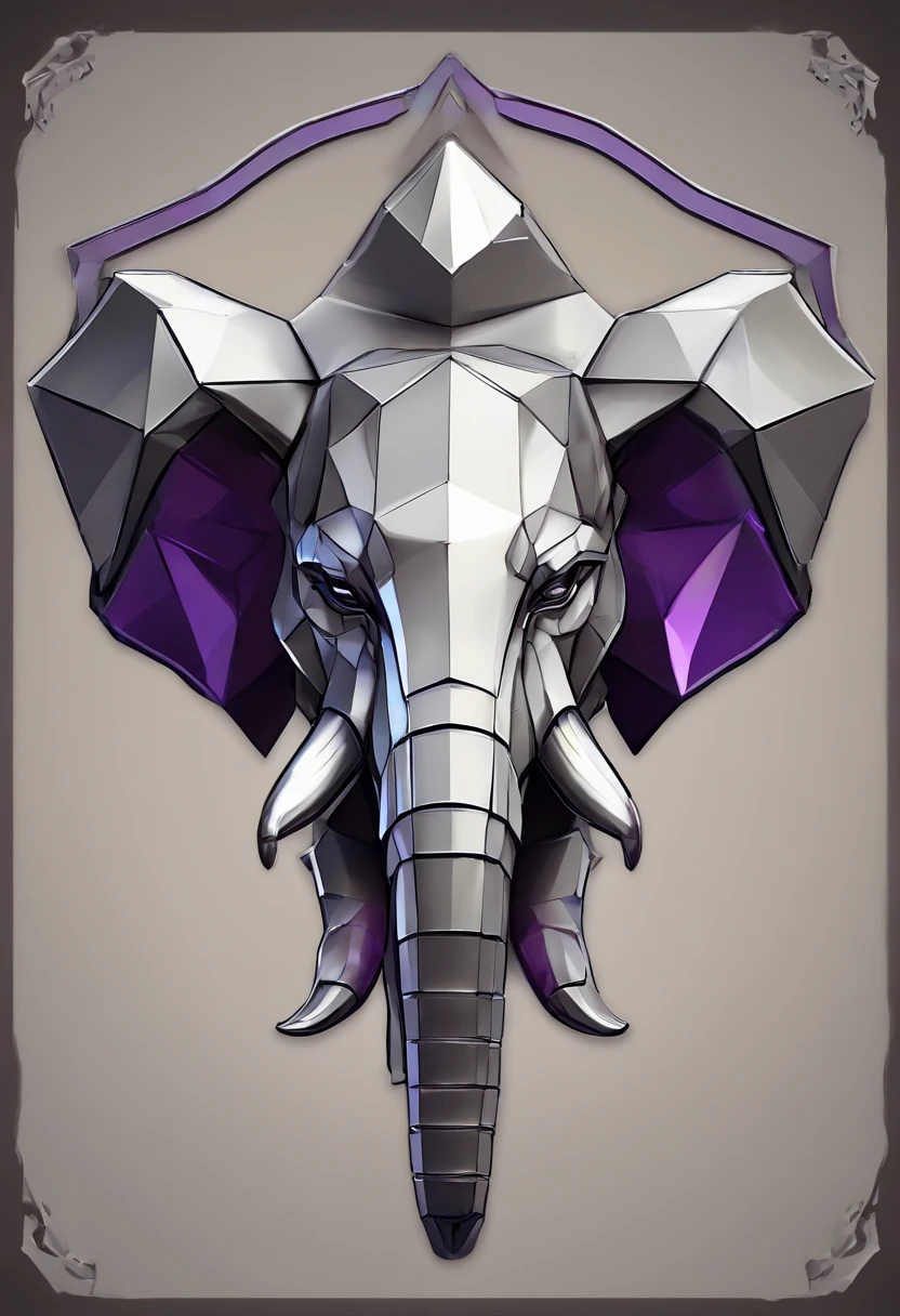 Game medallion with closeup of metal elephant head with crown,, Estilo de Arte Hearthstone, arte estilo hearthstone, Arte conceitual de Hearthstone, Arte conceitual do jogo Riot, Estilo de League of Legends, iconic character splash art, Coroa de League of Legends，Emblema do jogo，Penas de metal circundantes，Ouro roxo，C4D render，menos detalhes，Reduzir a finura