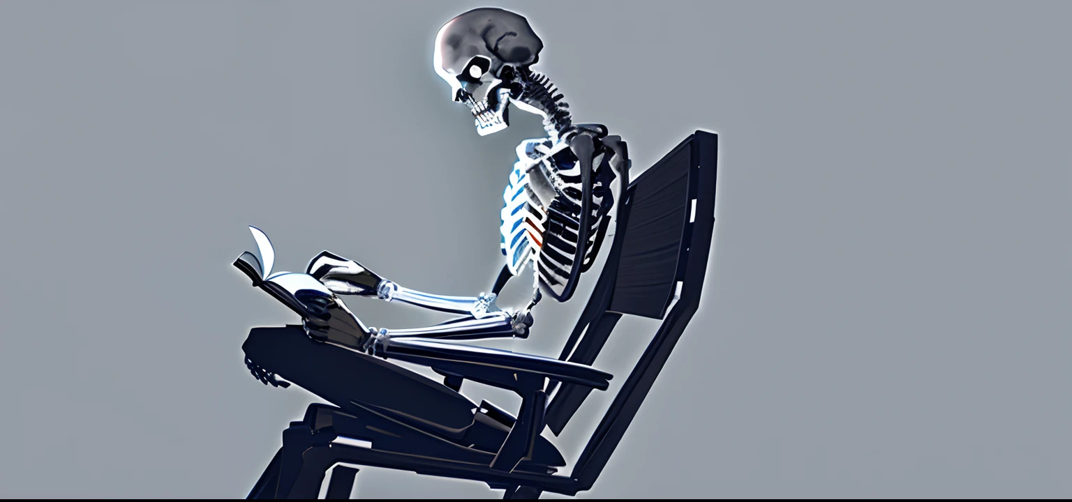 Por favor, have a digital illustration of a skeleton sitting in a chair, facing the angle of the image, using an open notebook in front of you.