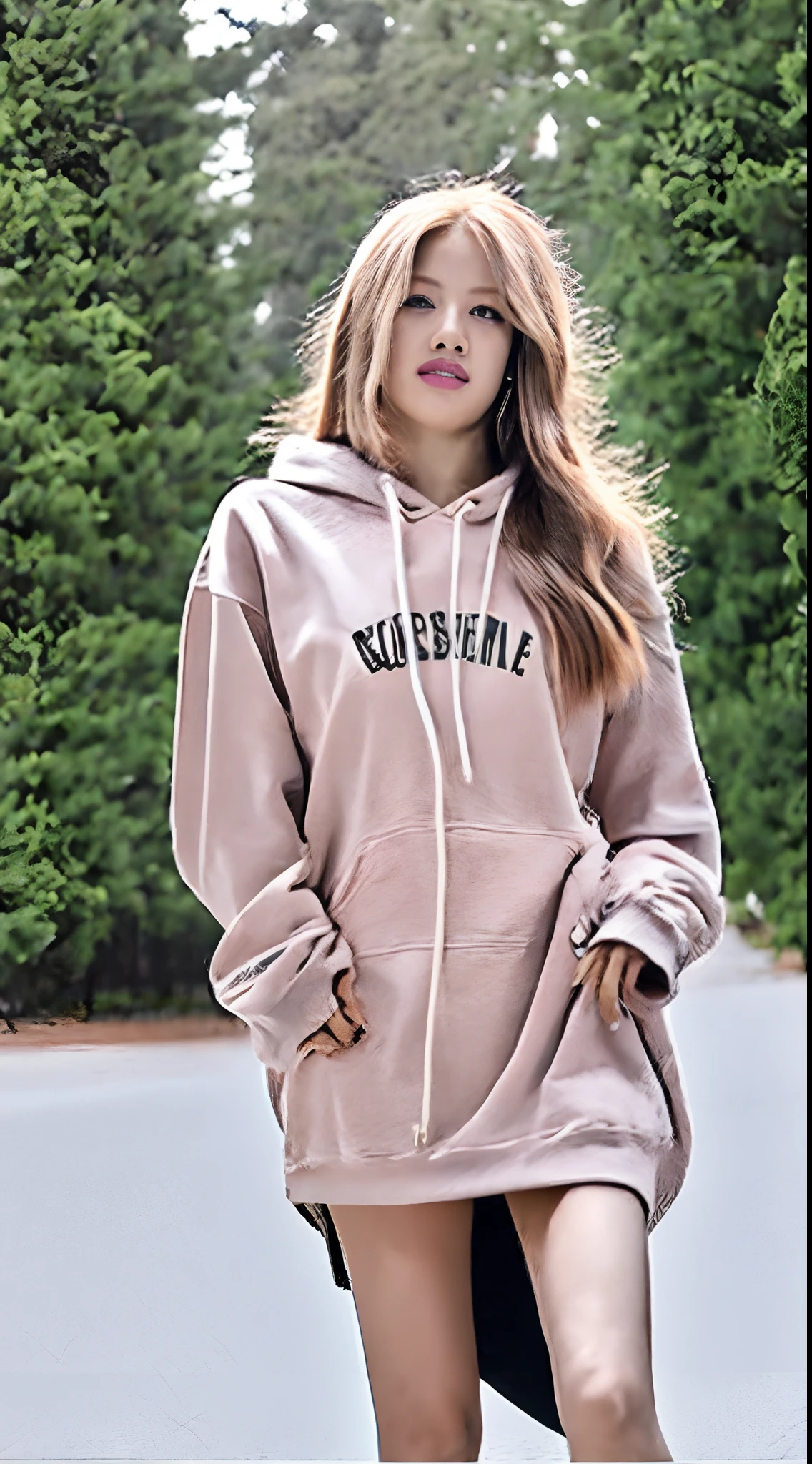 ((Lisa and Rosé from Blackpink)), hoodie, pleated skirt, black tights to the waist, high heels, close-up from thighs to face, female body, full body photo, hard nipples, very light skin, short hair, wavy hair, camp, forest, photorealistic, indirect lighting, volumetric light, ray tracing, hyperdetailed