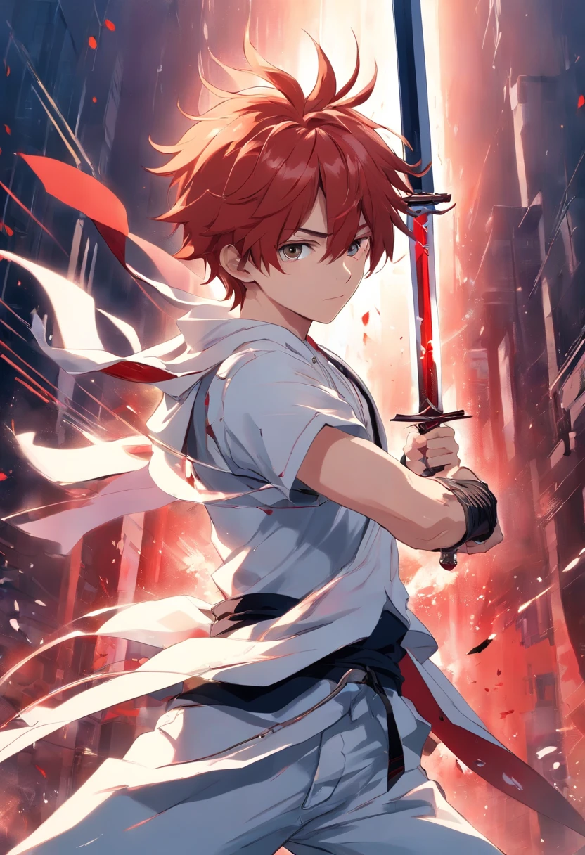 A young teenage man with red and white hair with a white outfit with black details in his left hand controlling the blood and in his right hand a dark blue sword, em suas costas um par de asas pretas
