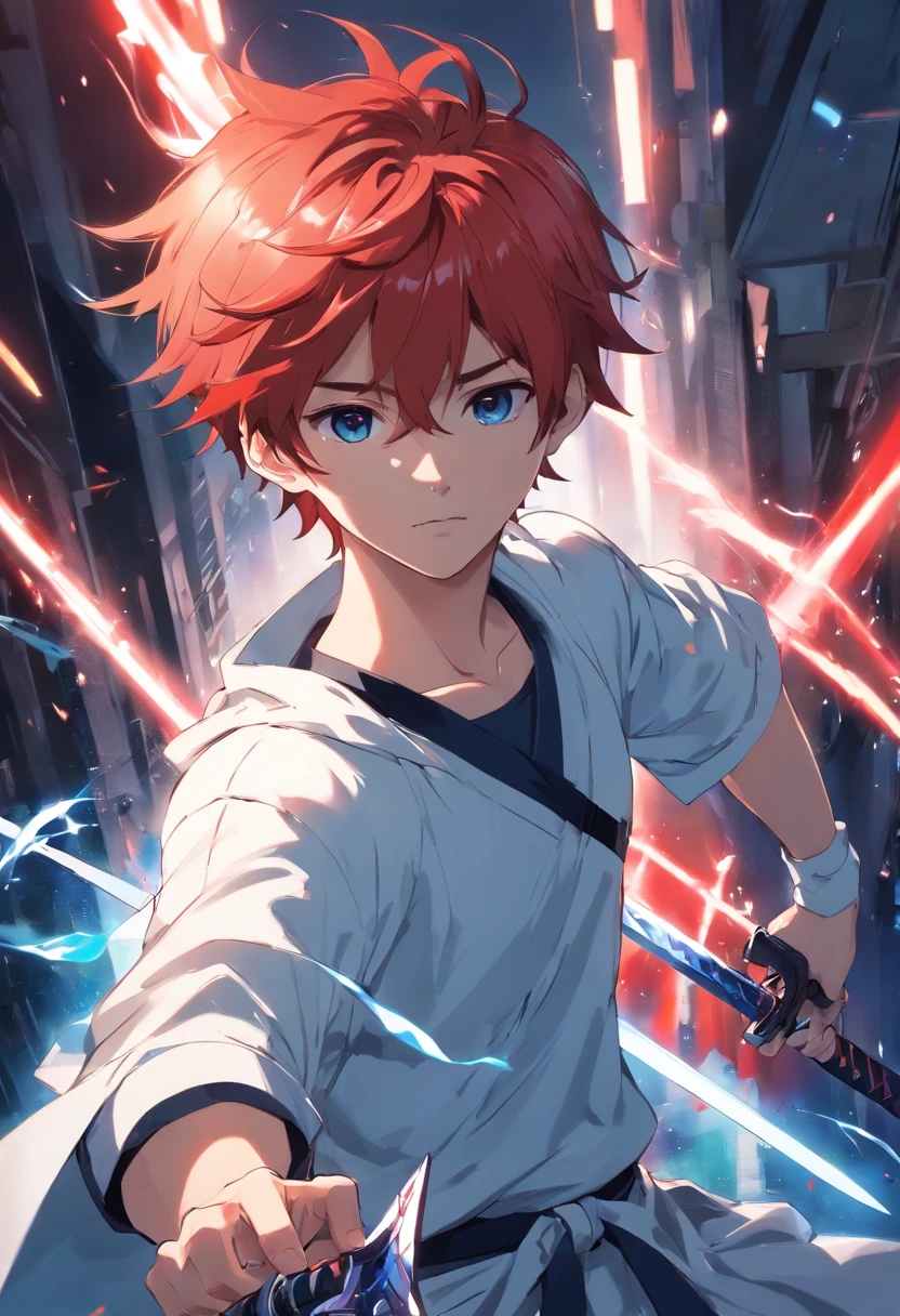 A young teenage man with red and white hair with a white outfit with black details in his left hand controlling the blood and in his right hand a dark blue sword, em suas costas um par de asas pretas