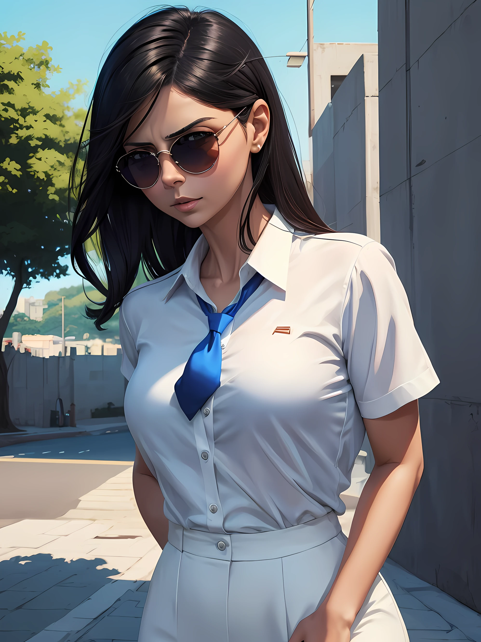 Anime girl with sunglasses and a white shirt and a blue tie, inspirada em Morena Baccarin, como Morena Baccarin, in illustration style digital, Estilo de Arte Digital, Arte Digital Ilya Kuvshinov, Estilo de Alena Aenami, Estilo de pintura digital, Pintura digital vibrante, Estilo de pintura digital, pintura digital colorida, artistic.