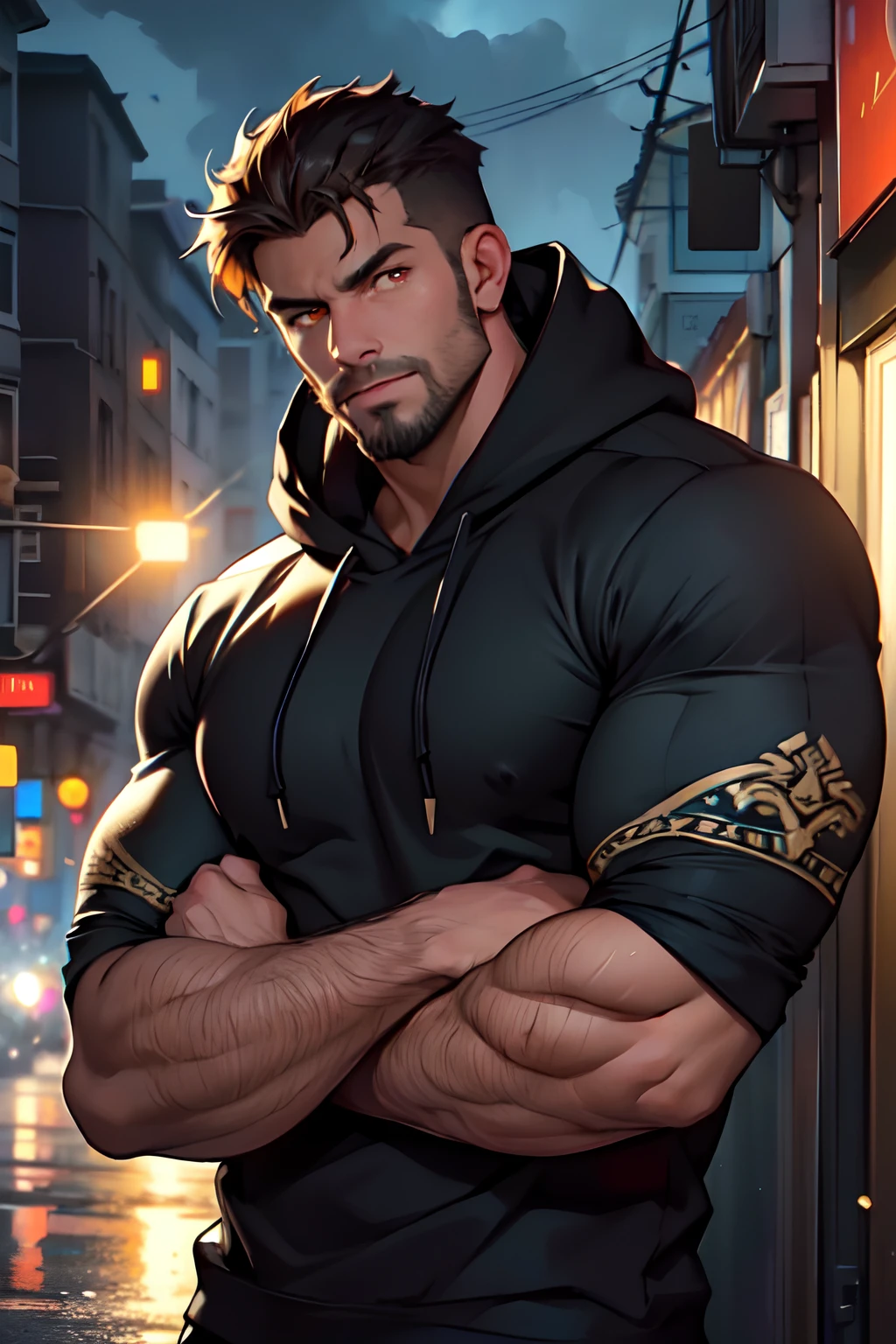 muscular man, bearded, young, young adult, huge, large shoulders, hunk, bara, black shirt, open hoodie, big arms, ((light bokeh)), intricate, elegant, sharp focus, photo by greg rutkowski, soft lighting, vibrant colors, (masterpiece), ((streets)), (detailed face), looking at viewer, orange eyes, glowing eyes, cowboy shot, half body portrait, thunder storm, ,glitter