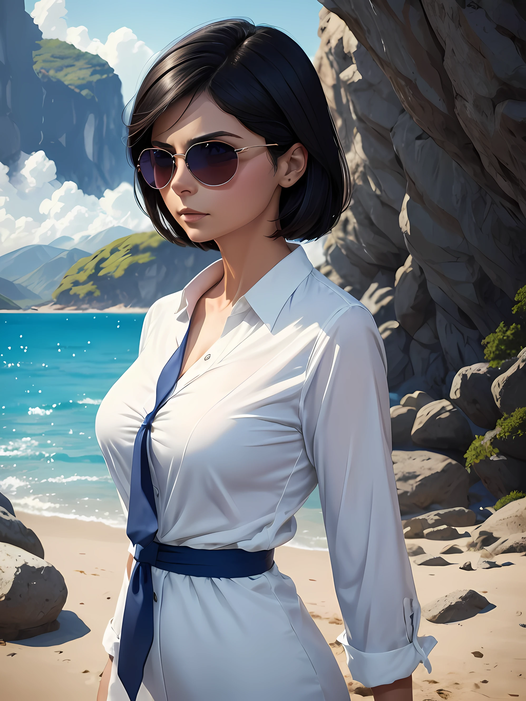 Anime girl with sunglasses and a white shirt and a blue tie, inspirada em Morena Baccarin, como Morena Baccarin, in illustration style digital, Estilo de Arte Digital, Arte Digital Ilya Kuvshinov, Estilo de Alena Aenami, Estilo de pintura digital, Pintura digital vibrante, Estilo de pintura digital, pintura digital colorida, artistic.