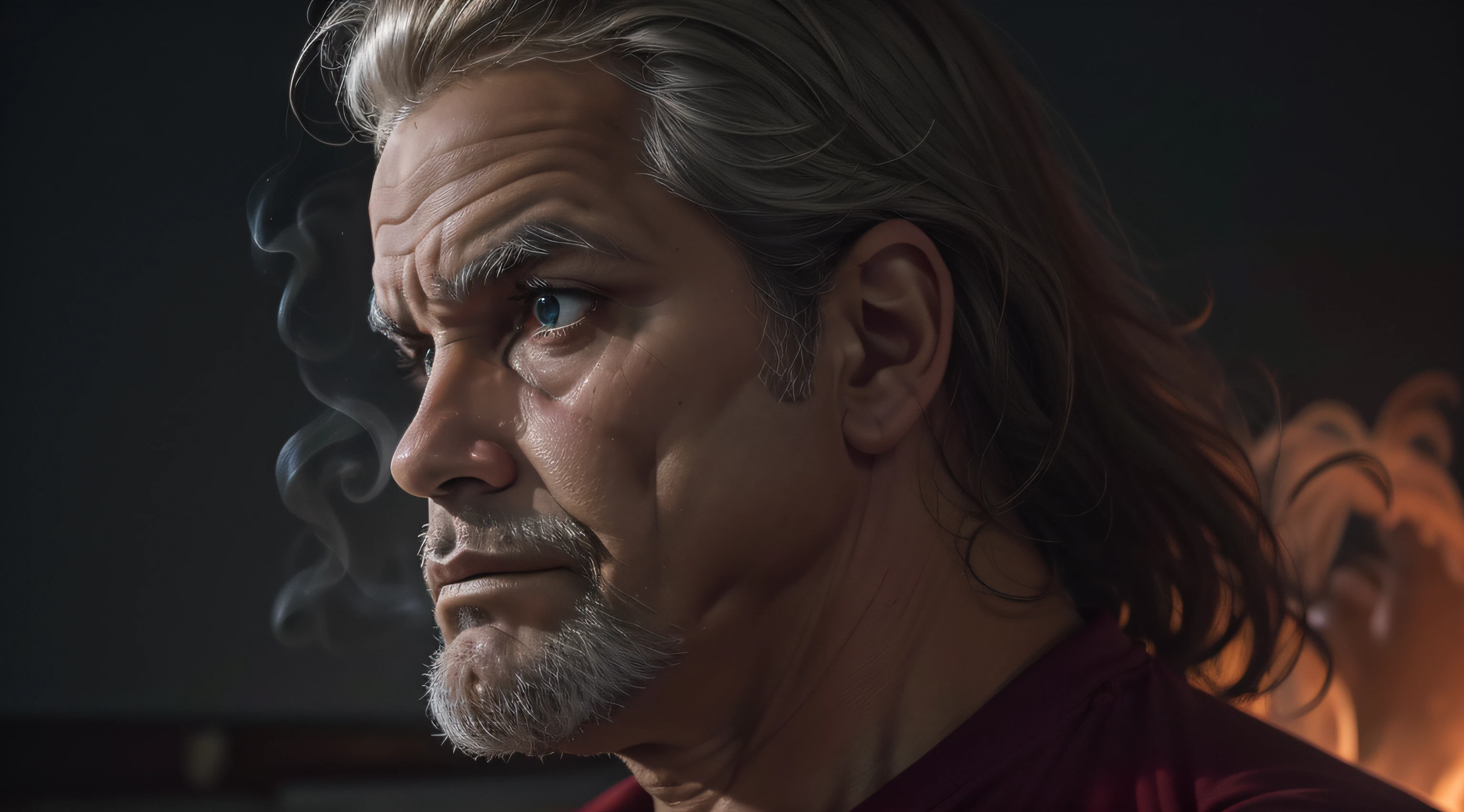 Homem, extremamente magro, tired expression, cabelos totalmente envelhecidos, reddish smoke, ambiente noturno, quarto de dormir, arte intrincada, 8K