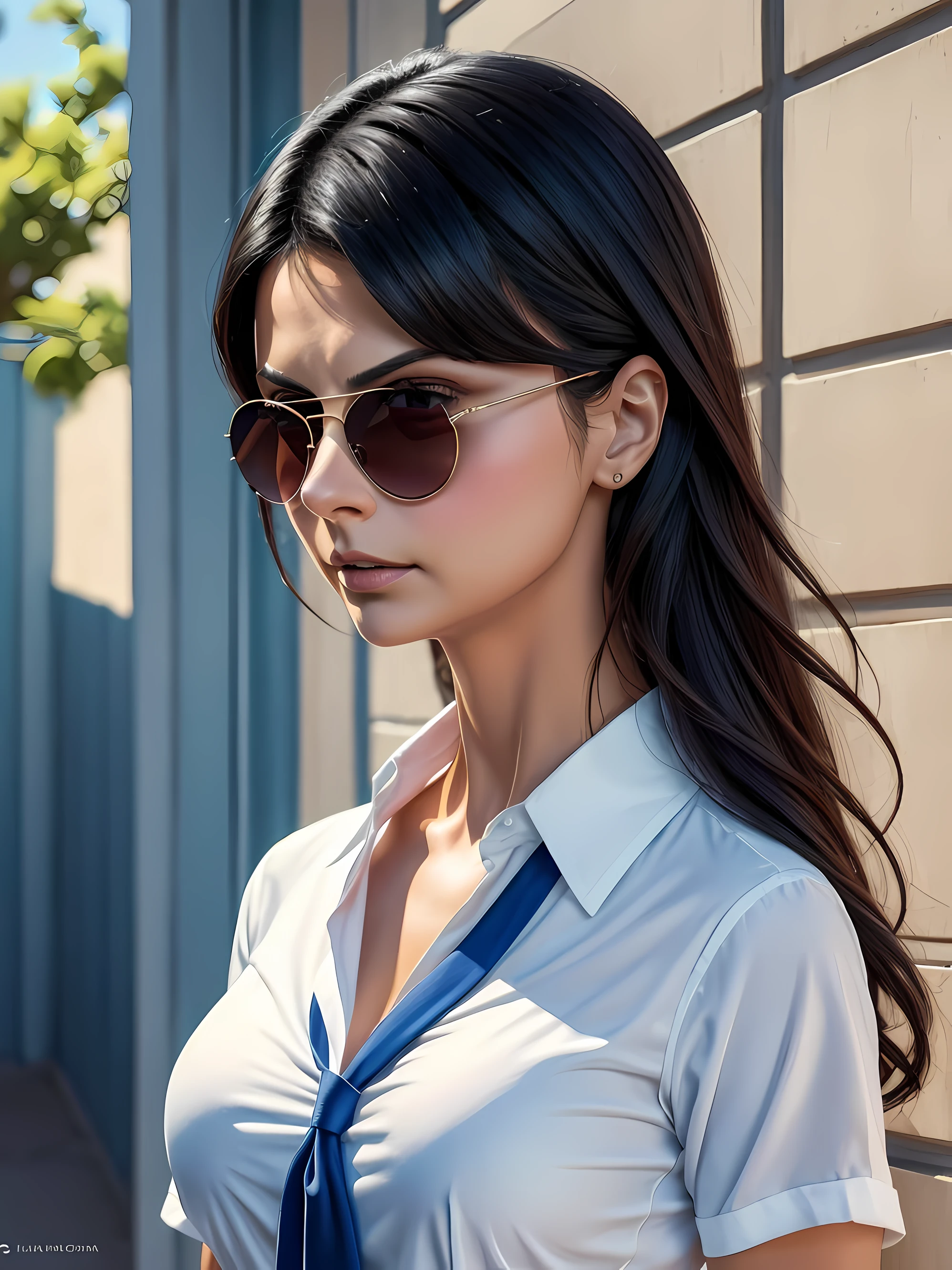 Anime girl with sunglasses and a white shirt and a blue tie, inspirada em Morena Baccarin, como Morena Baccarin, in illustration style digital, Estilo de Arte Digital, Arte Digital Ilya Kuvshinov, Estilo de Alena Aenami, Estilo de pintura digital, Pintura digital vibrante, Estilo de pintura digital, pintura digital colorida, artistic.