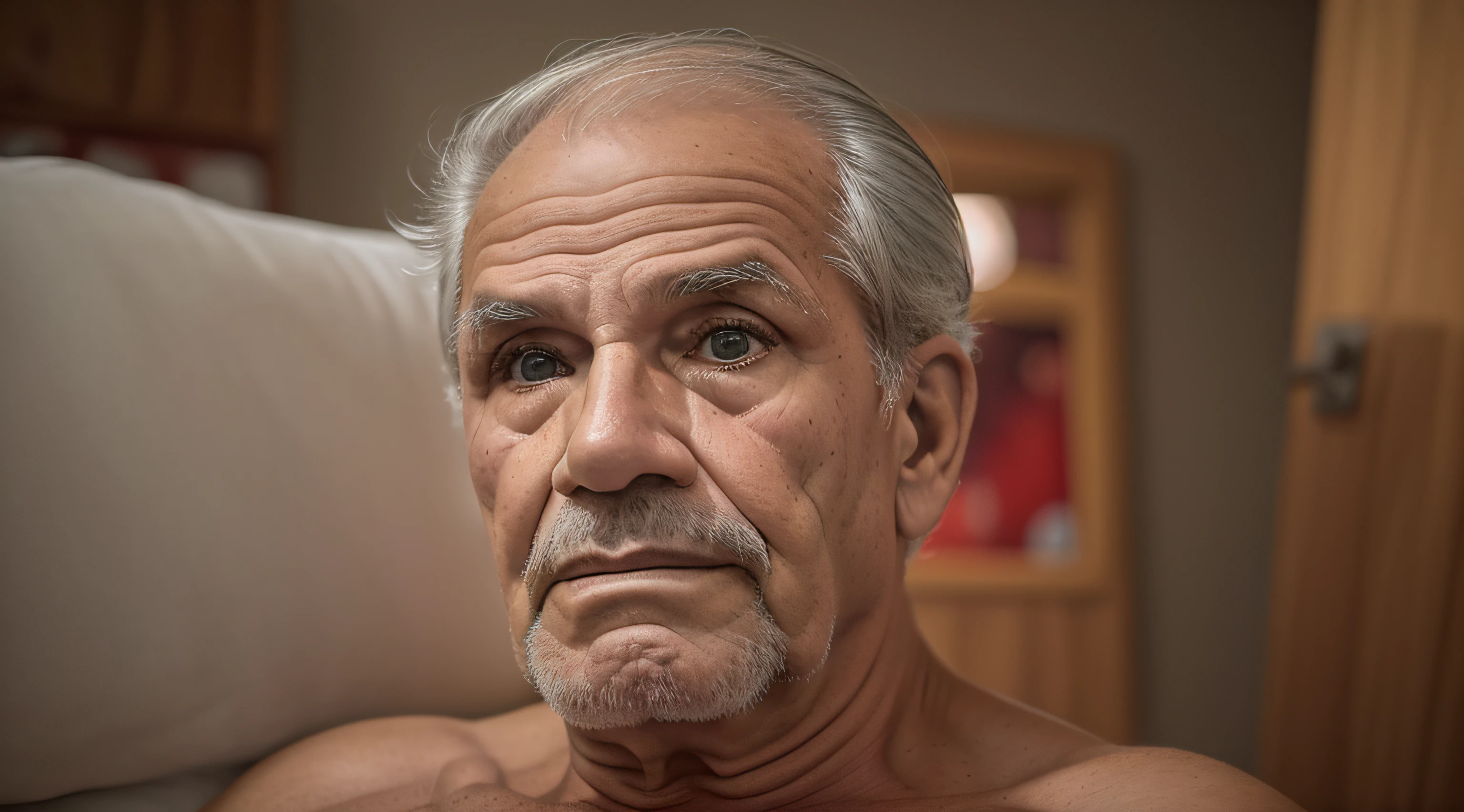 Homem idoso, 85 anos de idade, extremamente magro, tired  expression, cabelos totalmente envelhecidos, reddish smoke, ambiente noturno, quarto de dormir, arte intrincada, 8K