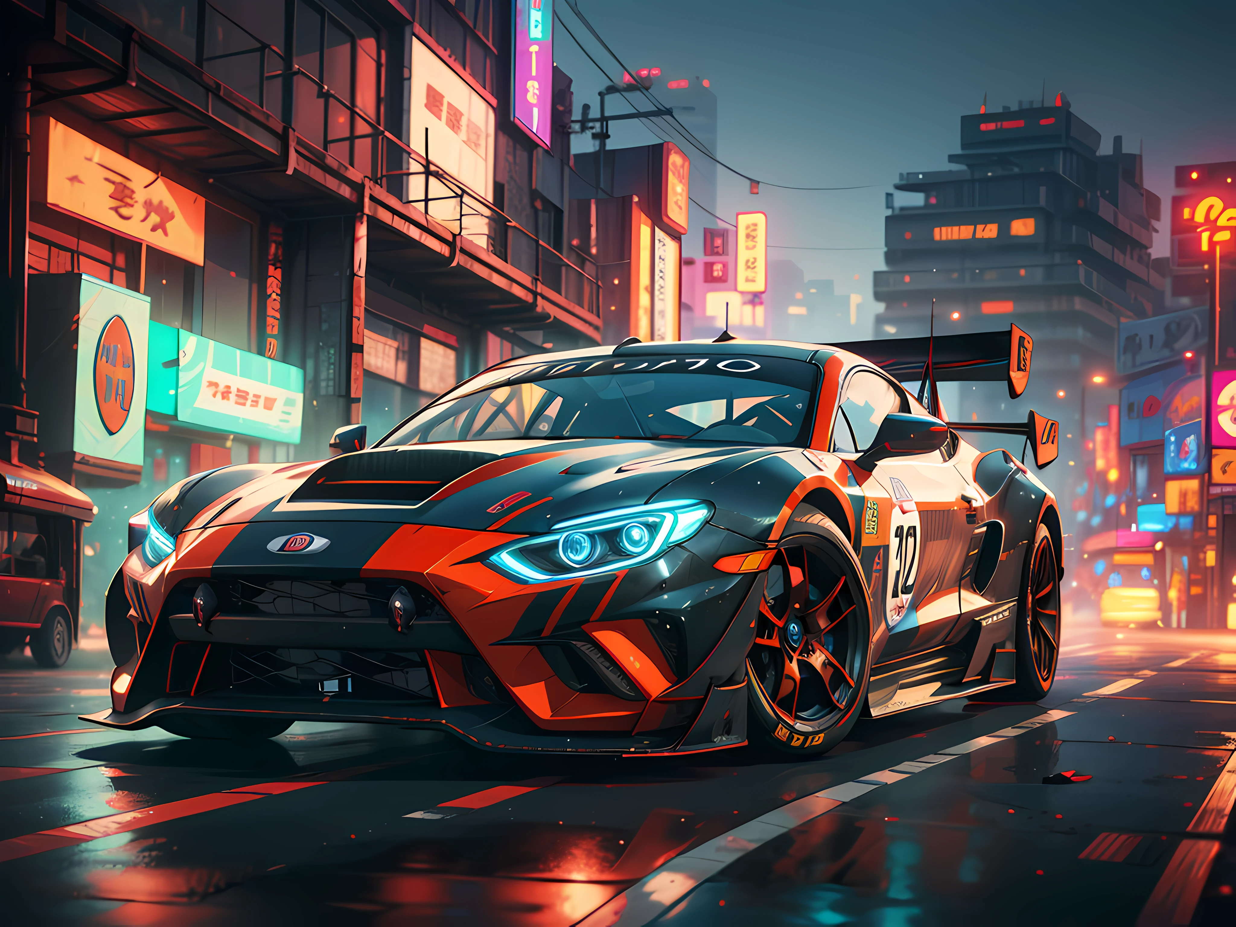 Best quality, masterpiece, ultra high res, Capture the adrenaline-fueled excitement of a sleek, high-performance racing car dripping, red, blue, fires, neon light, dust, full car show, from side, cyberpunk racing car, tokyo cyberpunk night,Detailed,Realistic,4k highly detailed digital art,octane render, bioluminescent, BREAK 8K resolution concept art, realism,by Mappa studios,masterpiece,best quality,official art,illustration,ligne claire,(cool_color),perfect composition,absurdres, fantasy,focused,rule of thirds,