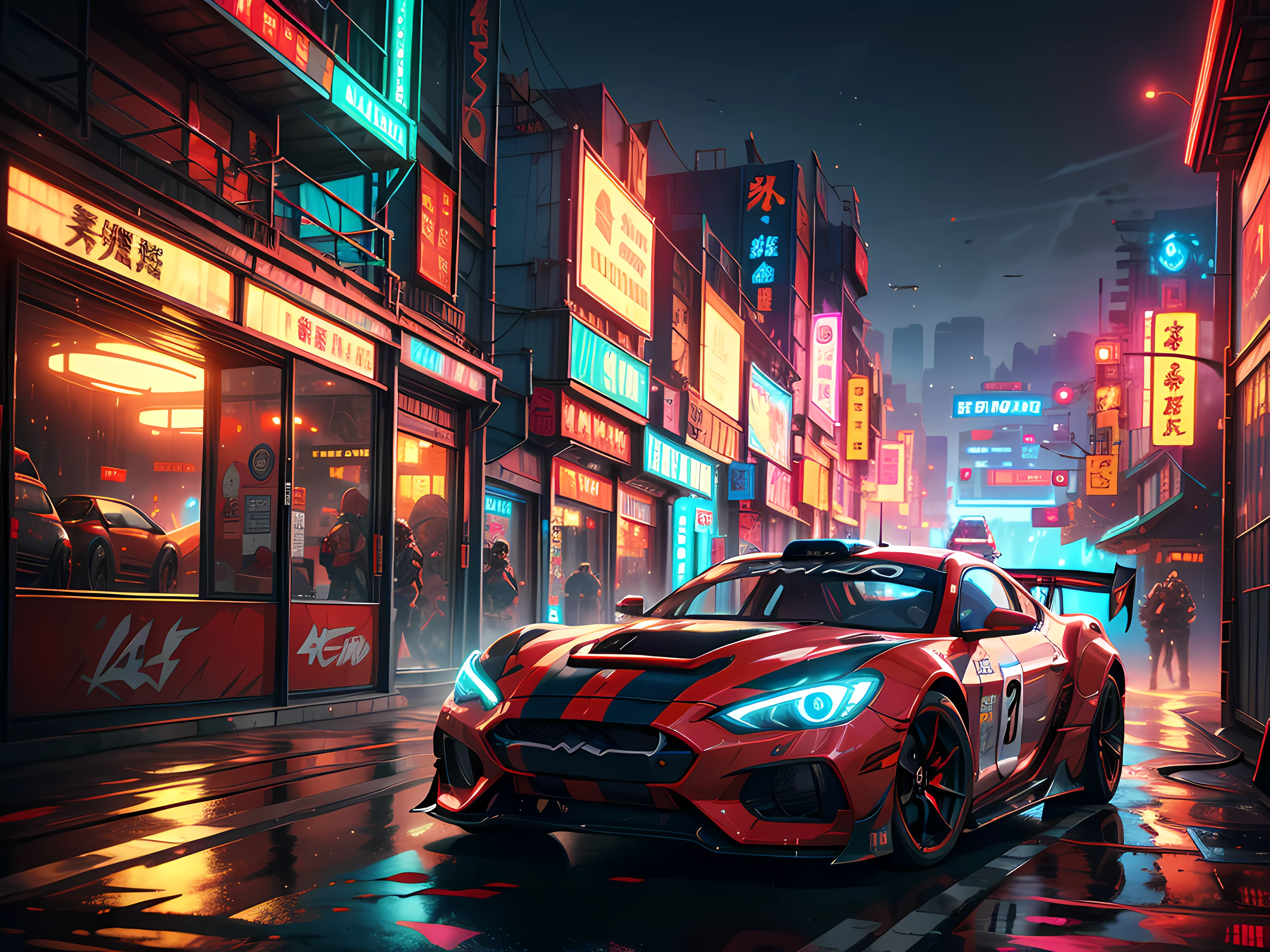 Best quality, masterpiece, ultra high res, Capture the adrenaline-fueled excitement of a sleek, high-performance racing car dripping, red, blue, fires, neon light, dust, full car show, from side, cyberpunk racing car, tokyo cyberpunk night,Detailed,Realistic,4k highly detailed digital art,octane render, bioluminescent, BREAK 8K resolution concept art, realism,by Mappa studios,masterpiece,best quality,official art,illustration,ligne claire,(cool_color),perfect composition,absurdres, fantasy,focused,rule of thirds,
