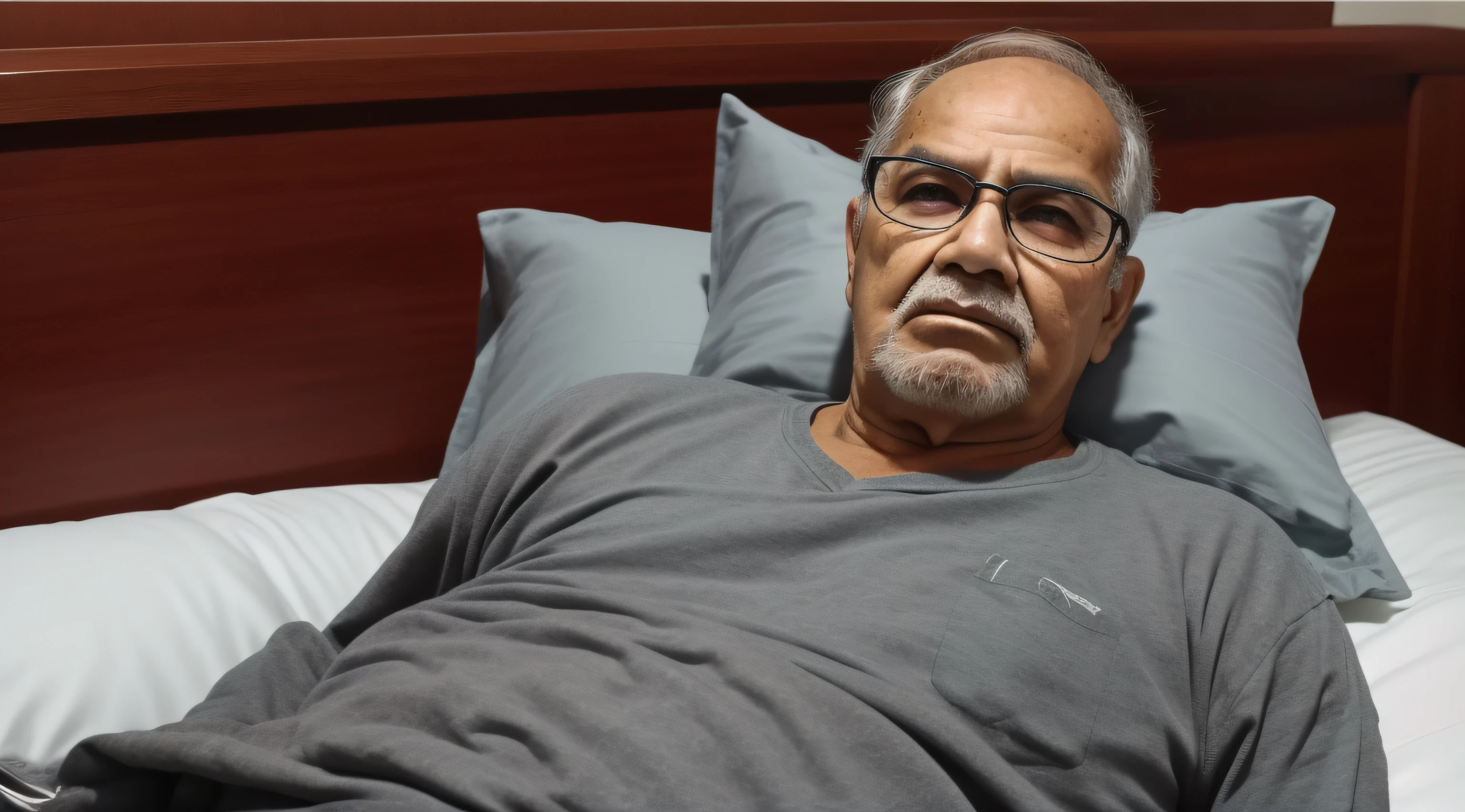 homem idoso, 105 anos de idade, doente, extremamente magro, tired expression, Deitado na cama, cabelos totalmente envelhecidos, reddish smoke, ambiente noturno, quarto de dormir, Arte intrincada, 8k, RCrie uma atmosfera misteriosa com um efeito de neblina que suaviza os contornos e reduz a visibilidade