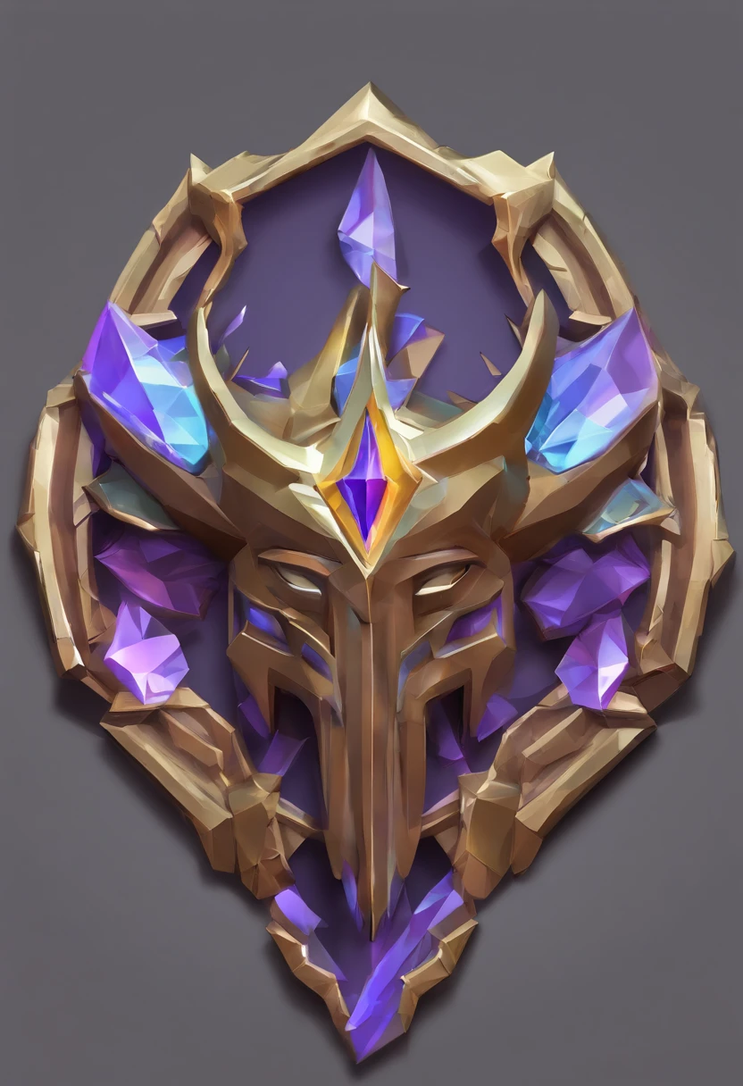 Game medallion with closeup of metal human head with crown,, Estilo de Arte Hearthstone, arte estilo hearthstone, Arte conceitual de Hearthstone, Arte conceitual do jogo Riot, Estilo de League of Legends, iconic character splash art, Coroa de League of Legends,Emblema do jogo,Penas de metal circundantes,Ouro roxo,C4D render,menos detalhes,Reduzir a finura