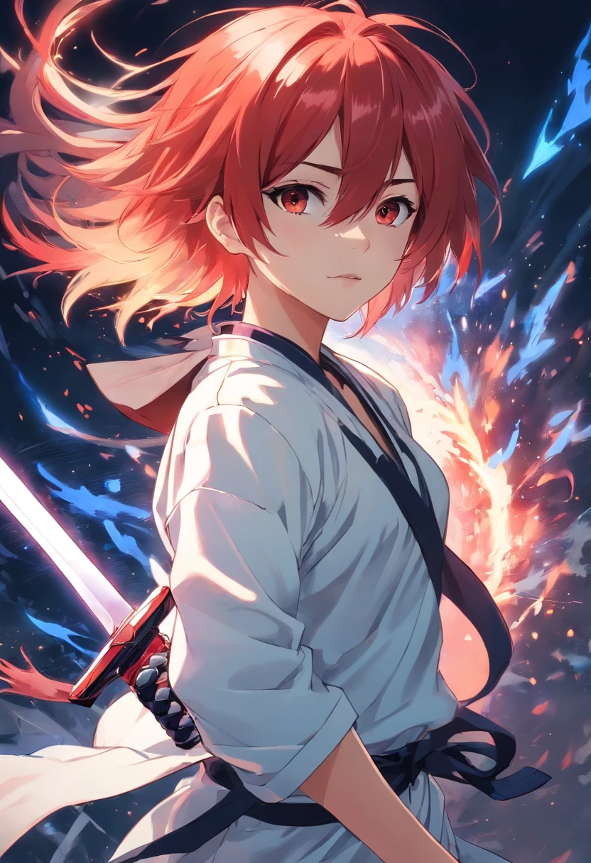 A young teenager with red and white hair in a white outfit with black details on his left hand controlling the blood and on his right hand a dark blue sword, com asas