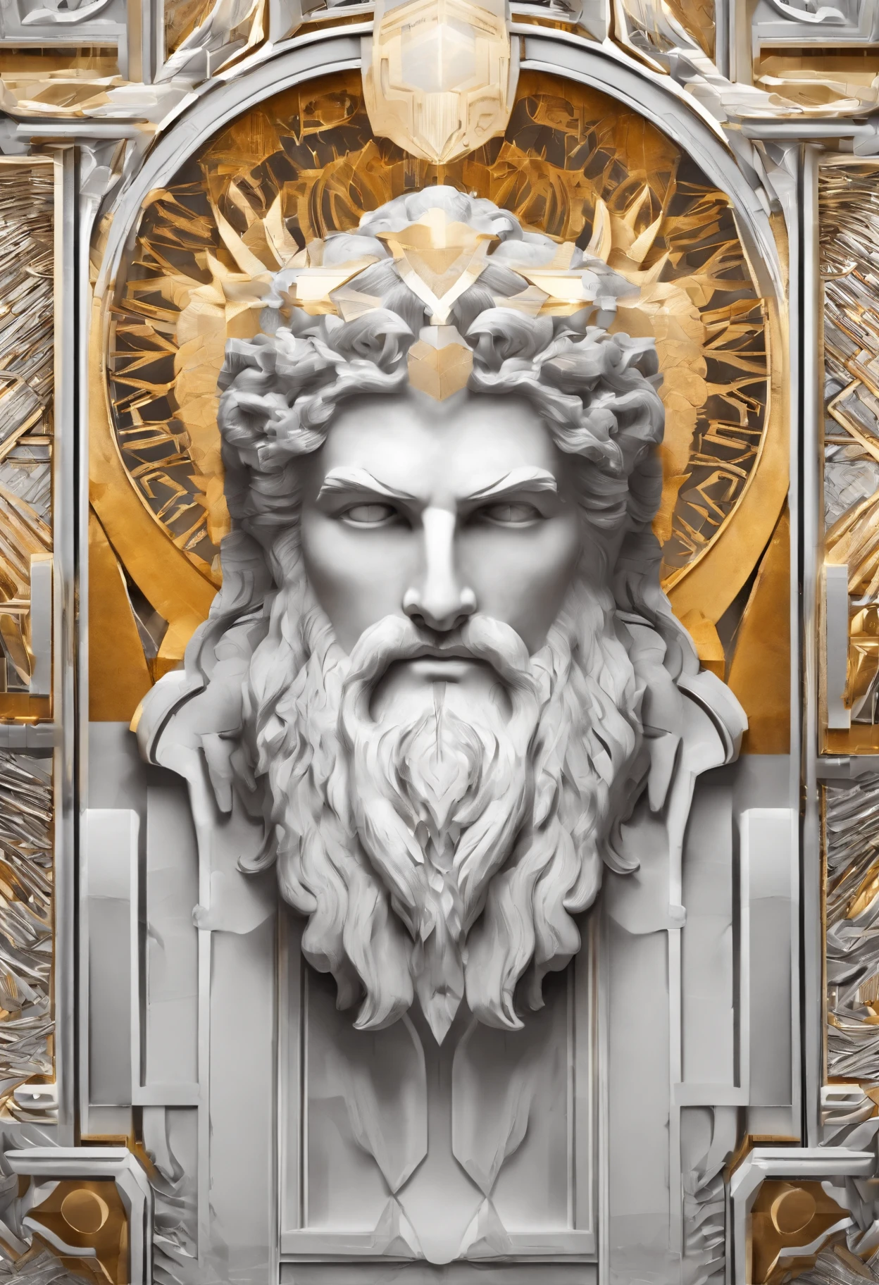 Zeus centralizado na imagem, ao fundo, A storm with thunder, perfectly carved in white marble, anatomia perfeita