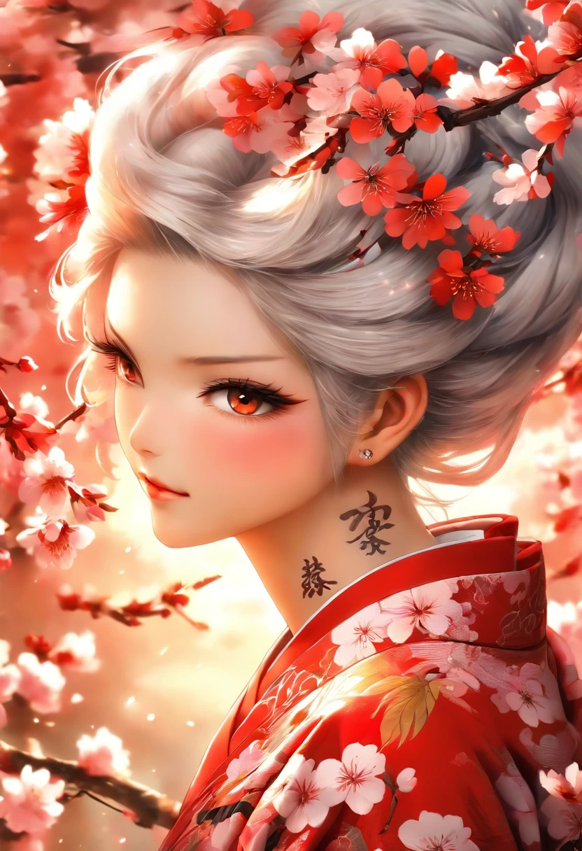 The most beautiful and sexy cherry blossom goddess, white hair, red eyes, wearing the most beautiful and highly detailed kimono, tons of tattoos and piercings, cherry blossoms and butterflies blowing in the wind, highly detailed background, perfect masterpiece, high quality, high resolution