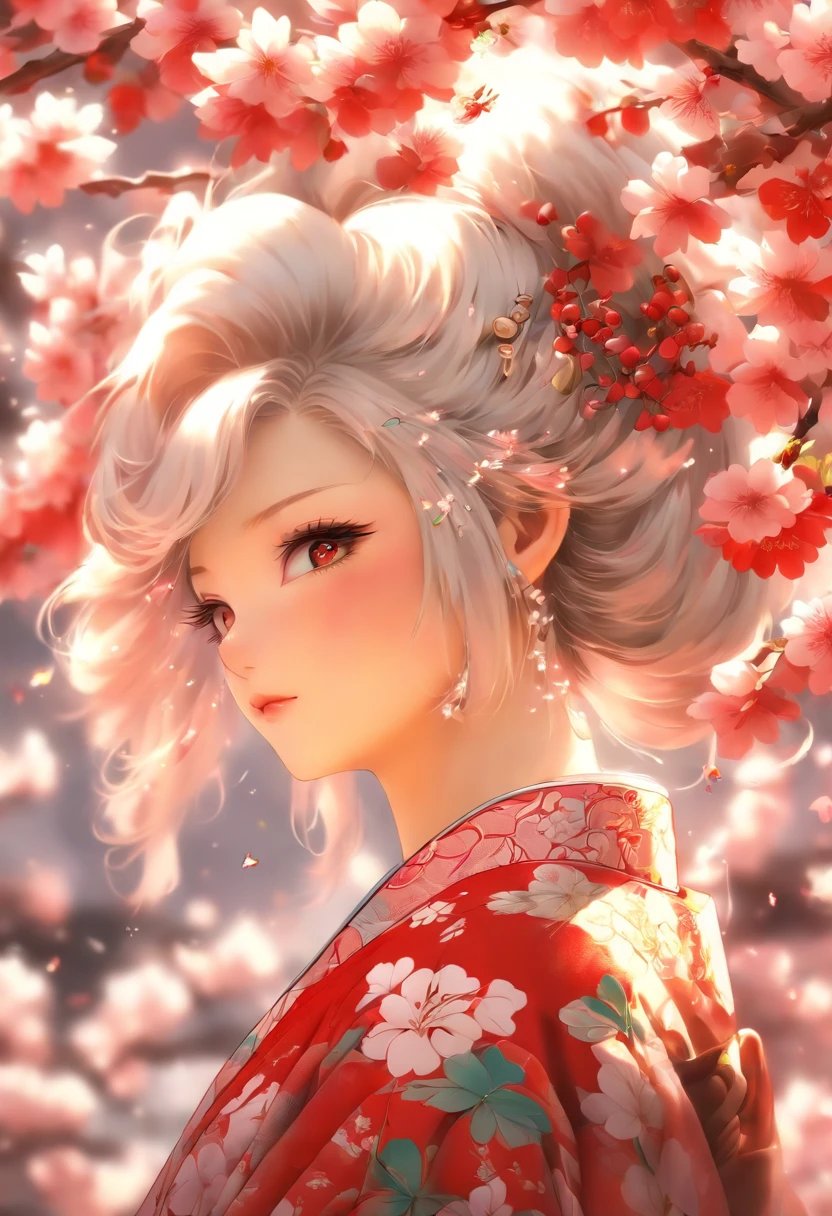 The most beautiful and sexy cherry blossom goddess, white hair, red eyes, wearing the most beautiful and highly detailed kimono, tons of tattoos and piercings, cherry blossoms and butterflies blowing in the wind, highly detailed background, perfect masterpiece, high quality, high resolution