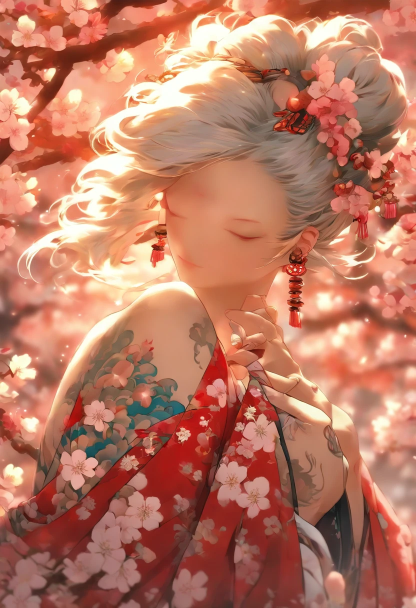 The most beautiful and sexy cherry blossom goddess, white hair, red eyes, wearing the most beautiful and highly detailed kimono, tons of tattoos and piercings, cherry blossoms and butterflies blowing in the wind, highly detailed background, perfect masterpiece, high quality, high resolution