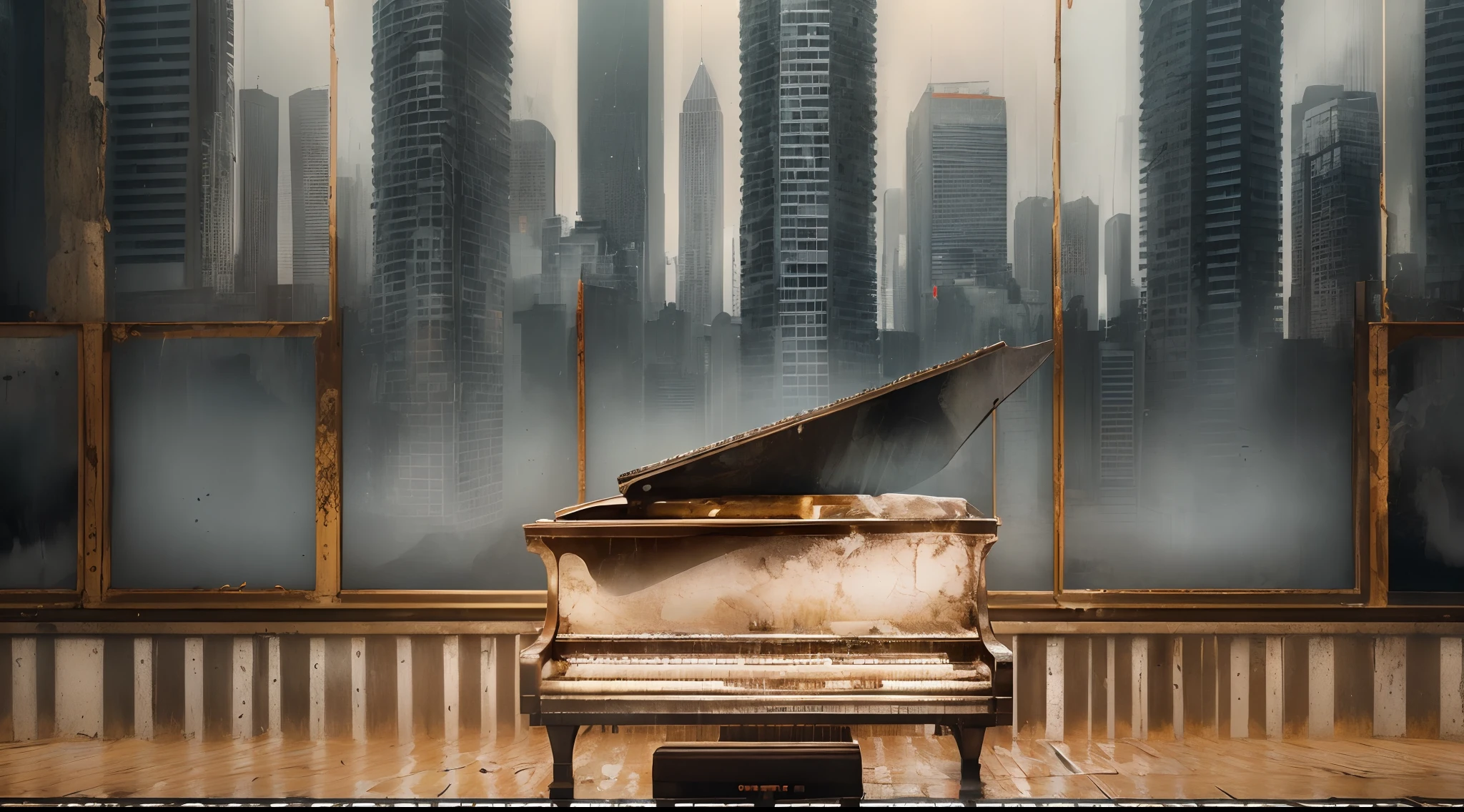 (((Artistic Image, metade da imagem com ((Cena com um piano de cauda em meio a paredes desmoronadas, Piano de cauda com telhado):1.5), metade da imagem com ((Opening to an abandoned night metropolis with skyscrapers in the rain), ((Chuva na cidade):1.5), (deteriorated skyscraper), ( Skyscraper with silt), ( Skyscraper with rust)), ((Antecedentes com o DEPH):1.5), A dreamlike atmosphere is created by softly lit architectural details, The piano is a symbol of timeless beauty in the midst of decadence, Pintura digital, Very high detail, tiro grande angular, Adding a dash of mystery to the composition))), (Rastreamento de caminho), (Cyberpunk), (Post apocalyptic), 16k, UHD, max quality, Max Resolution, ultrarrealista, | Ultra Detalhado
