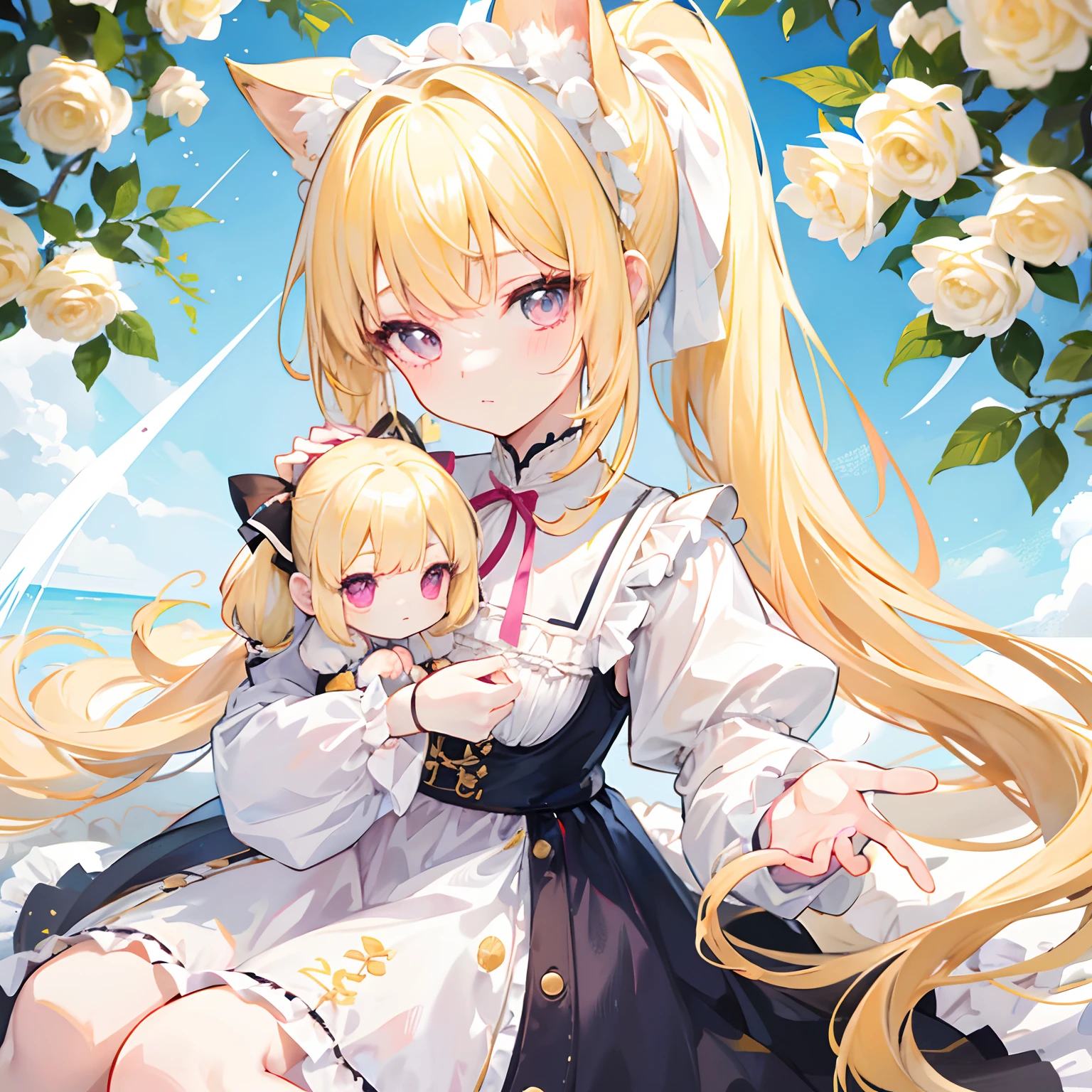 Light yellow hair，Only a ponytail is tied，The face is tender and cute like a doll，Lolita clothes with pale yellow and white，Bright pale pink pupils，She is a sweet girl with a very soft and cute voice，It is called Yaojin Fawn