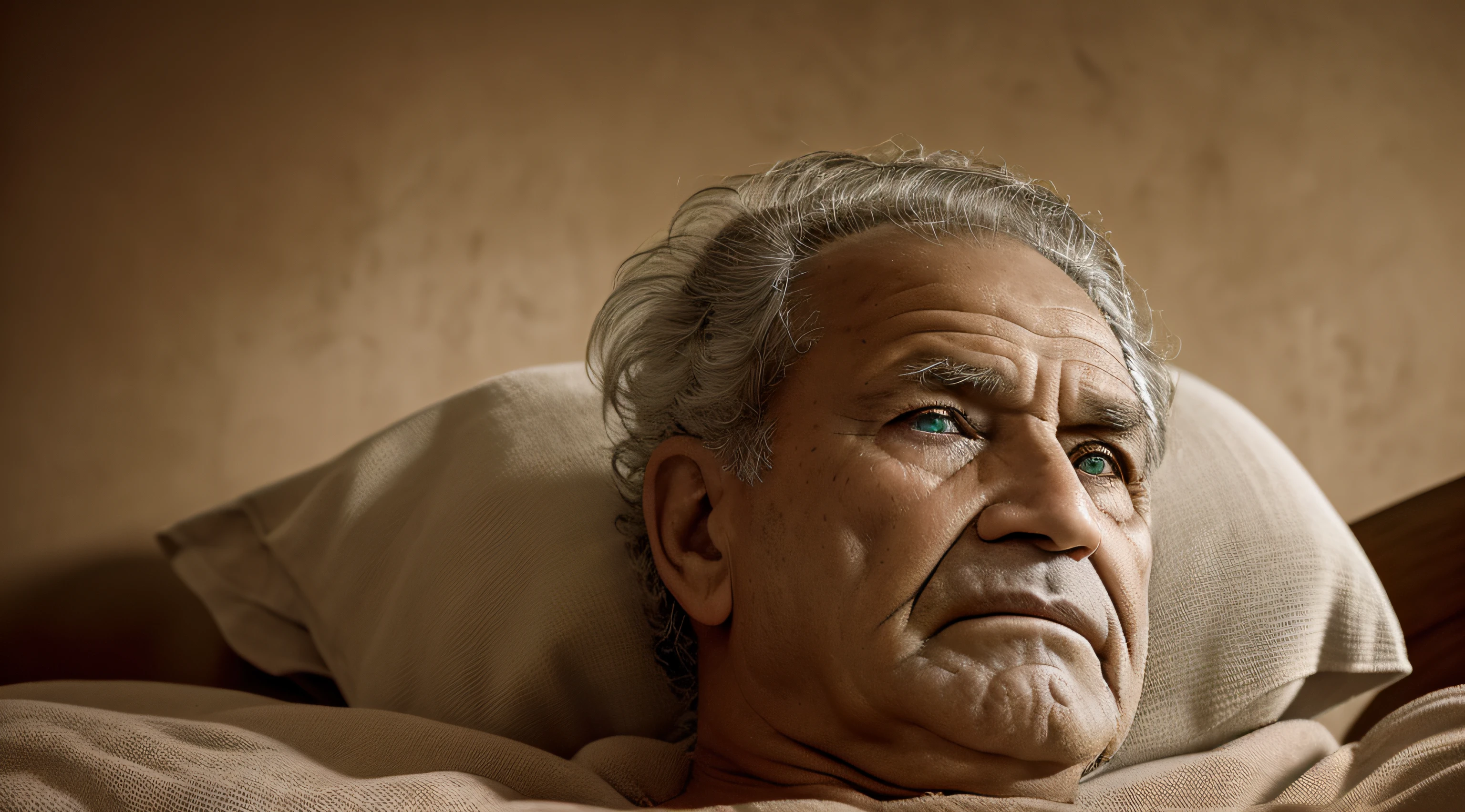 homem idoso, 105 anos de idade, doente, extremamente magro, tired expression, Deitado na cama, cabelos totalmente envelhecidos, reddish smoke, ambiente noturno, quarto de dormir, Arte intrincada, 8k, Apply a sepia effect to give images an aging, nostalgic look