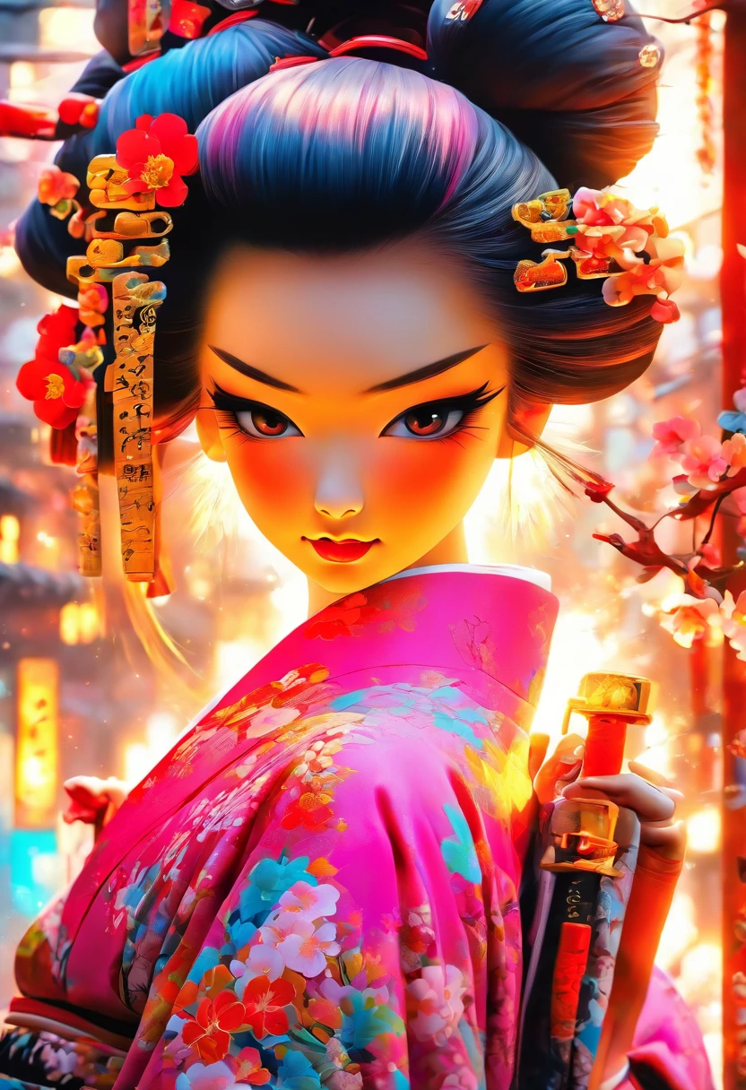 The most beautiful and sexy geisha, rainbow colored hair, yellow eyes, wearing the most beautiful and highly detailed kimono, tons of tattoos and piercings, cherry blossoms blowing in the wind, kanji and graffiti style elements in the background, highly detailed background, perfect masterpiece, high quality, high resolution