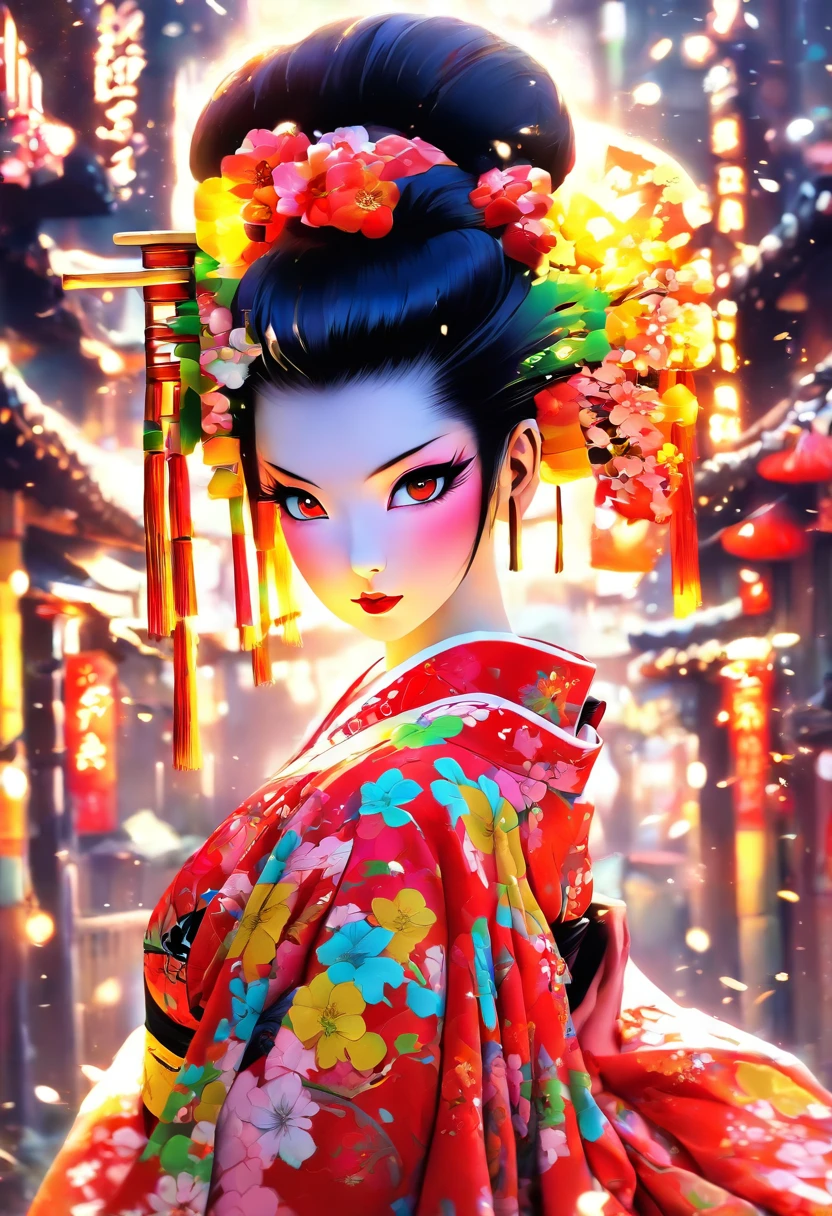 The most beautiful and sexy geisha, rainbow colored hair, yellow eyes, wearing the most beautiful and highly detailed kimono, tons of tattoos and piercings, cherry blossoms blowing in the wind, kanji and graffiti style elements in the background, highly detailed background, perfect masterpiece, high quality, high resolution