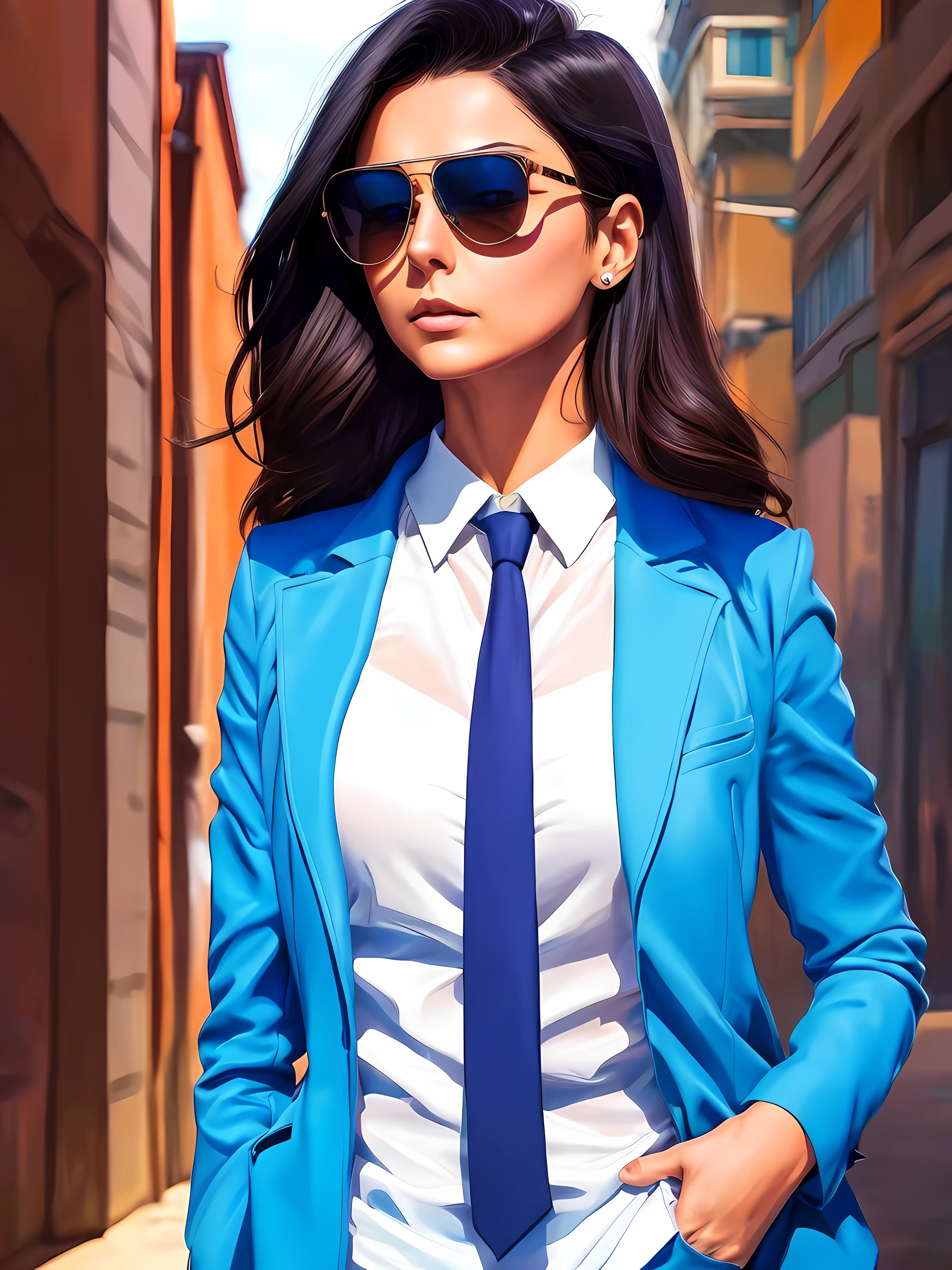 Anime girl with sunglasses and a white shirt and a blue tie, inspirada em Morena Baccarin, como Morena Baccarin, in illustration style digital, Estilo de Arte Digital, Arte Digital Ilya Kuvshinov, Estilo de Alena Aenami, Estilo de pintura digital, Pintura digital vibrante, Estilo de pintura digital, pintura digital colorida, artistic, hands hidden, hands in a pocket.