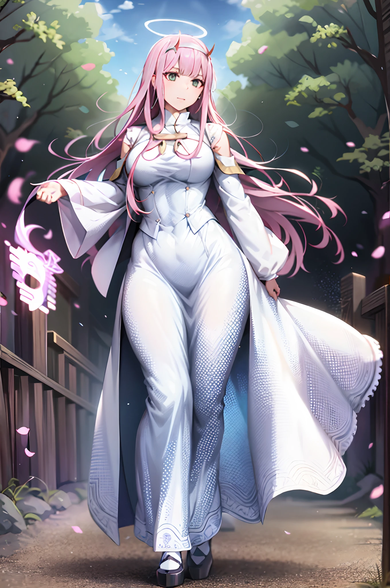 robe longue, oni girl, zero two, robe blanche, robe blanche, halo d’ange, halo arc-en-ciel, full body , portrait, medium breast, walking, forest, coat, vest, buttlern long skirt, victorian cloths