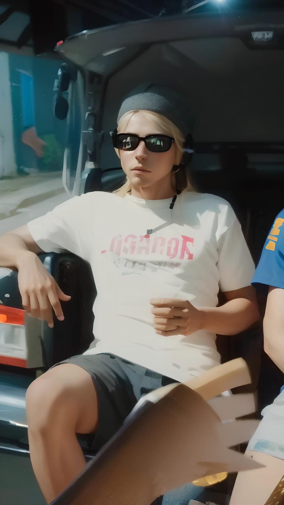 Long blonde hair with hat and headset with a knife in hand