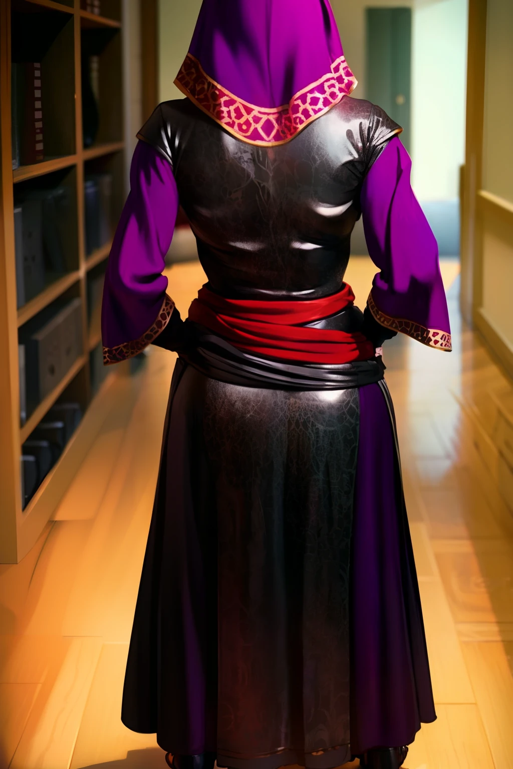 Visas Marr, Robe, Dress, Hood, Covered Eyes, Black Gloves, Black Footwear, medium breasts, tucked in sleeves, back of view, pinup,