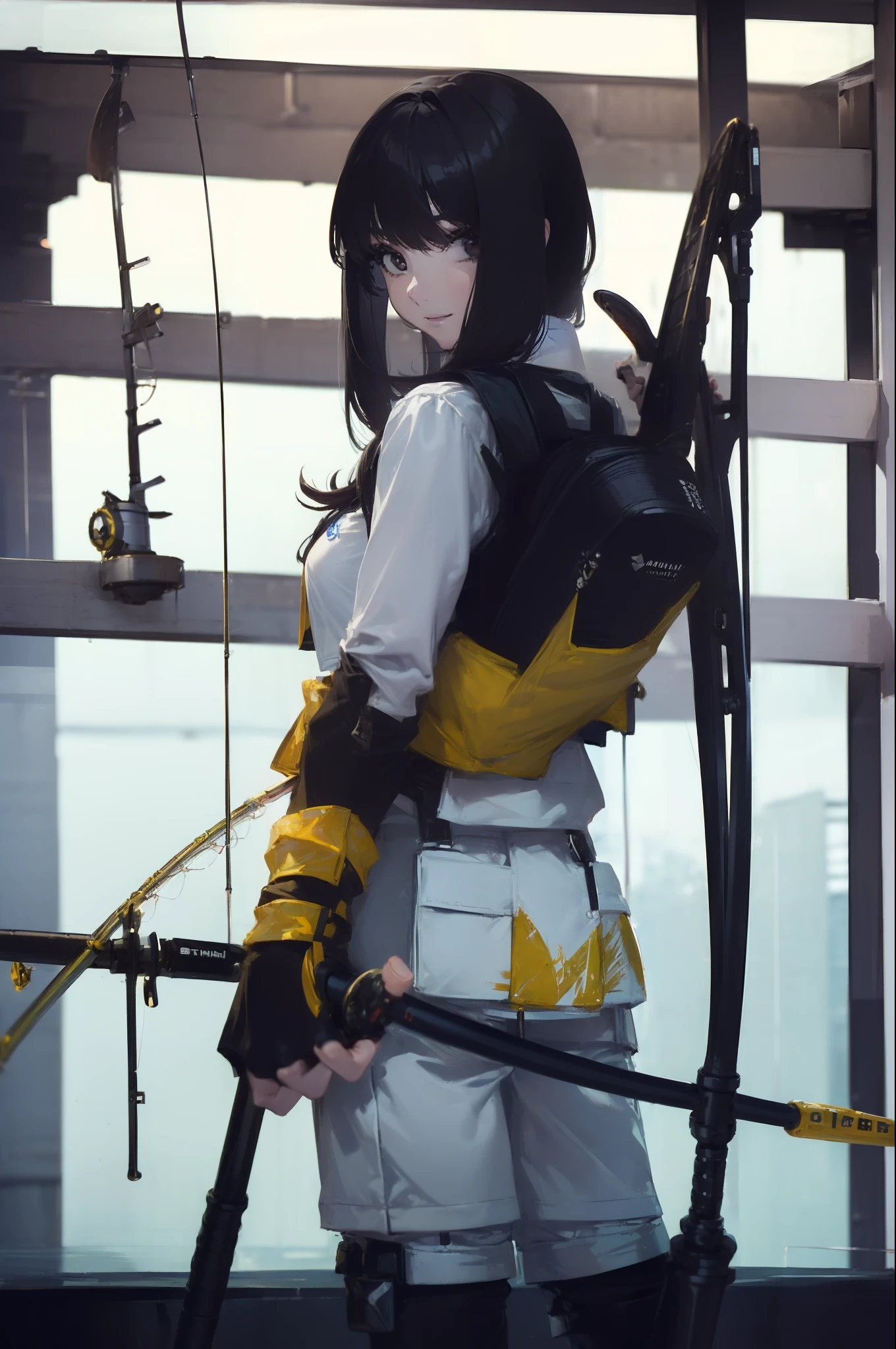 ((((Have a fishing rod with a reel:1.5)))),((Female 28 years old)),((Best Quality:1.5)),(((Fine fingers、Ratio 4 fingers and 1 thumb,detailed arms,detailed human hands))),(((Hands with the correct number and structure of fingers:1.4))),((Lakeside:1.37)),hight resolution,ultra-detailliert,masterpiece,best qualtiy,(Eight-headed body),(1 fishing rod,Holding a fishing rod in your hand,Fishing lure rod,Fishing Reels,Long Sleeve Outdoor Vest,Long pants for fishing,Big backpack),thin and long legs,Beautiful hip line,Beautiful spine,constricted back,Toned waist,beutiful breast),,Gentle smile,shiny lip,(1 fishing rod,Straight stretch fishing rod,Long fishing rod,Woman fishing with fishing rod in hand),Black hair, long eyeslashes, Solid Circle Eyes, drop shadow, Atmospheric perspective,Super Detail, ccurate, small brest,top-quality, blurry backround, bokeh dof:1.2, (masterpiece:1.3), Atmospheric perspective,Super Detail,dynamic compositions, Ultra High Quality,