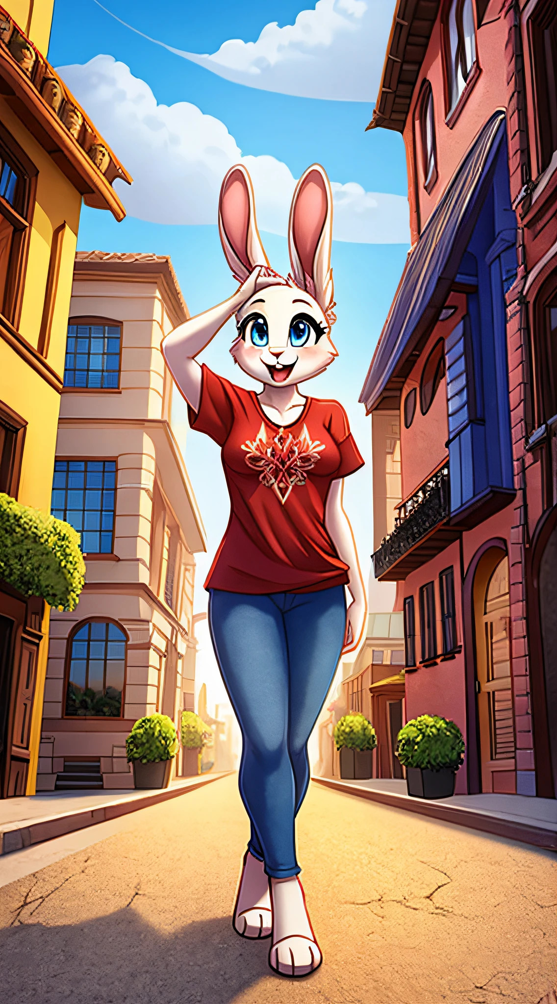 fantasy style art, cute, adorable, attractive, fluffy female white bunny with blue eyes, attractive figure, fully clothed, chaste, 4 ears, 2 extra ears, big floppy ears, long ears, ears perked up, raised ears, long eyelashes, red t-shirt with flower design, ankle length blue jeans, standing in a city street, big expressive smile, open mouth, wide eyes, looking on in wonder, excited eyes, excited face, stunning visuals, sunny day, digital illustration