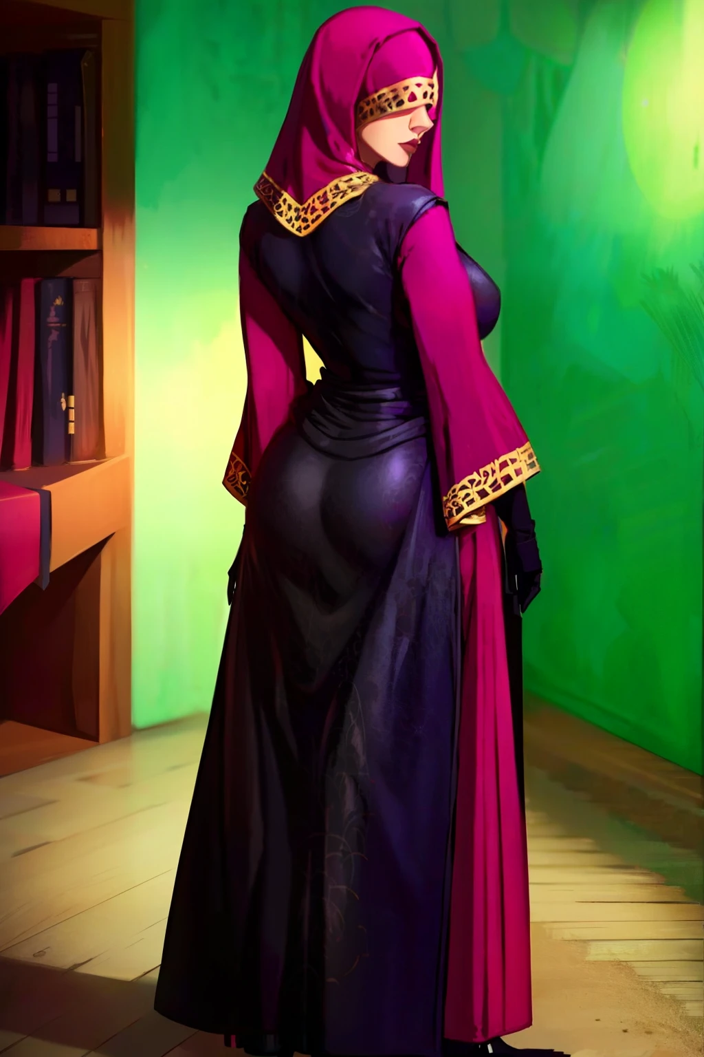 Visas Marr, Robe, Dress, Hood, Covered Eyes, Black Gloves, Black Footwear, medium breasts, tucked in sleeves, back of view, pinup,