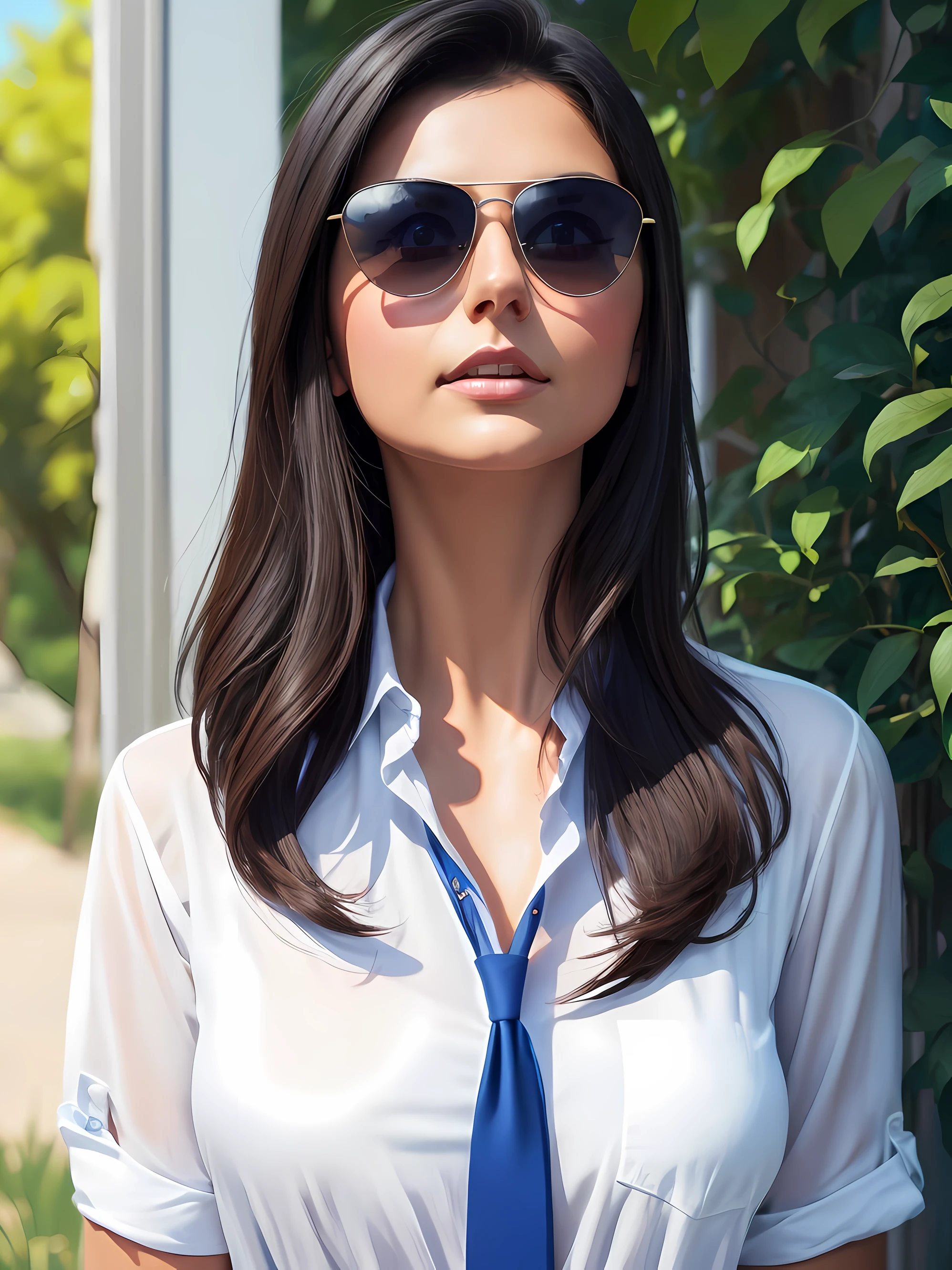 Realistic girl with sunglasses and a white shirt and a blue tie, inspirada em Morena Baccarin, como Morena Baccarin, in illustration style digital, Estilo de Arte Digital, Arte Digital Ilya Kuvshinov, Estilo de Alena Aenami, Estilo de pintura digital, Pintura digital vibrante, Estilo de pintura digital, pintura digital colorida, artistic, hands hidden, hands in a pocket.