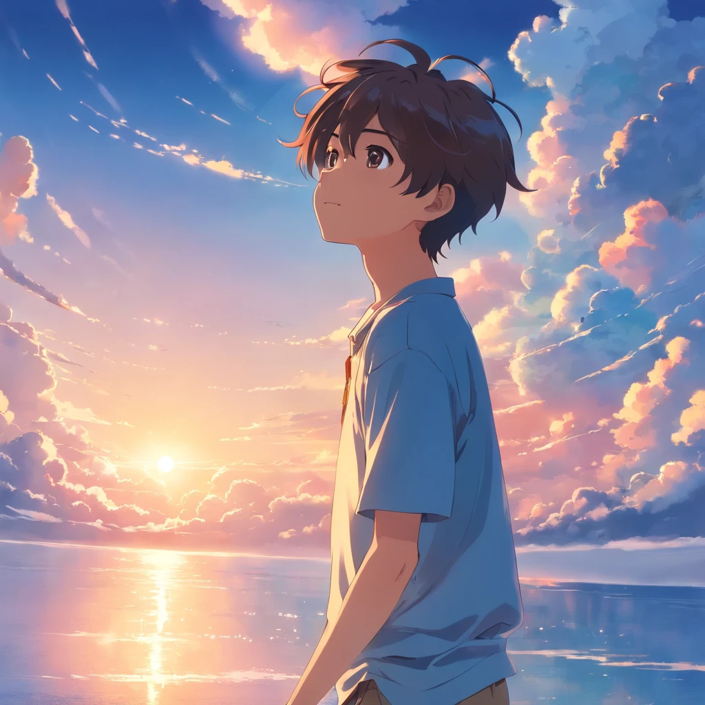 Masterpiece, Best Quality, Movie Stills, 1boy, Cloud Boy, Floating in the Sky, Close-up, Bright, Happy, Warm Soft Light, Sunset, (Sparkle: 0.7)