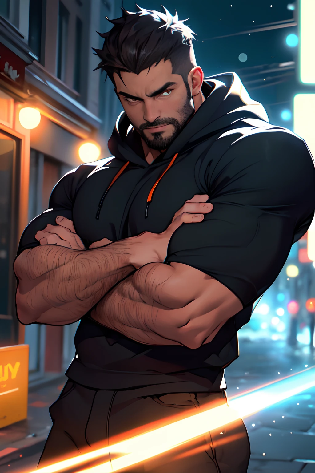 muscular man, bearded, young, young adult, huge, large shoulders, hunk, bara, black shirt, open hoodie, big arms, ((light bokeh)), intricate, elegant, sharp focus, photo by greg rutkowski, soft lighting, vibrant colors, (masterpiece), ((streets)), (detailed face), looking at viewer, orange eyes, glowing eyes, cowboy shot, half body portrait, thunder storm