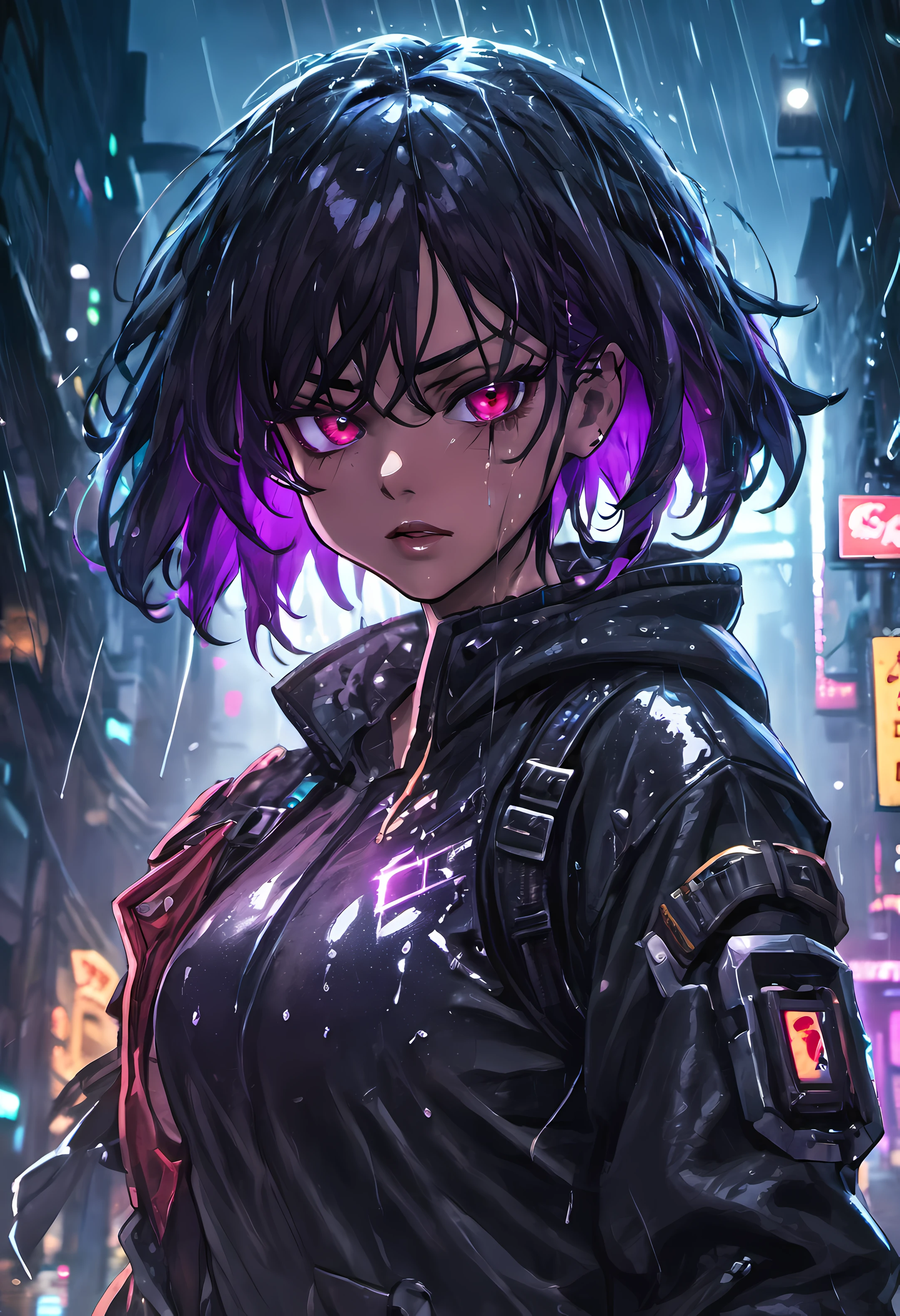 fotografia de close-up, jovem mulher cyberpunk confiante com cabelos preto, inspirada em Morena Baccarin, usando um capuz, on a rain-soaked street at night, fotorrealista, Cinematic lighting