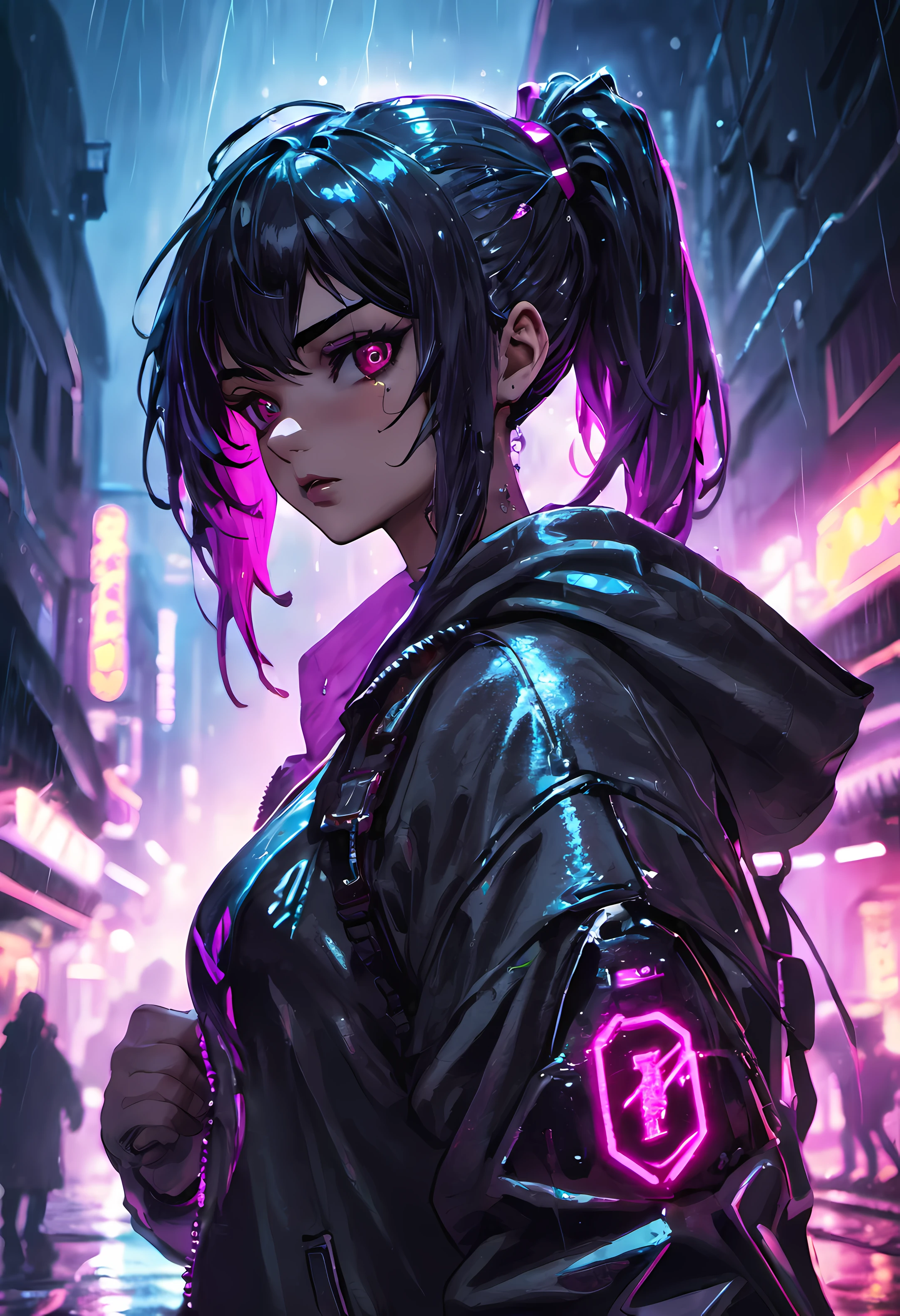(obra de arte), melhor qualidade, ultra high resolution,garotinha, cyberpunk 1girl voando acima da paisagem urbana deslumbrante ,capuz,cabelo azul,  estrelas cadentes em cor neon, cabelo muito comprido, fora do ombro, enfeite de cabelo de pena, neon colors, pisca, Stunning night sky, cinematic lighting, fotorrealista, pele realista, HDR,Olho de peixe