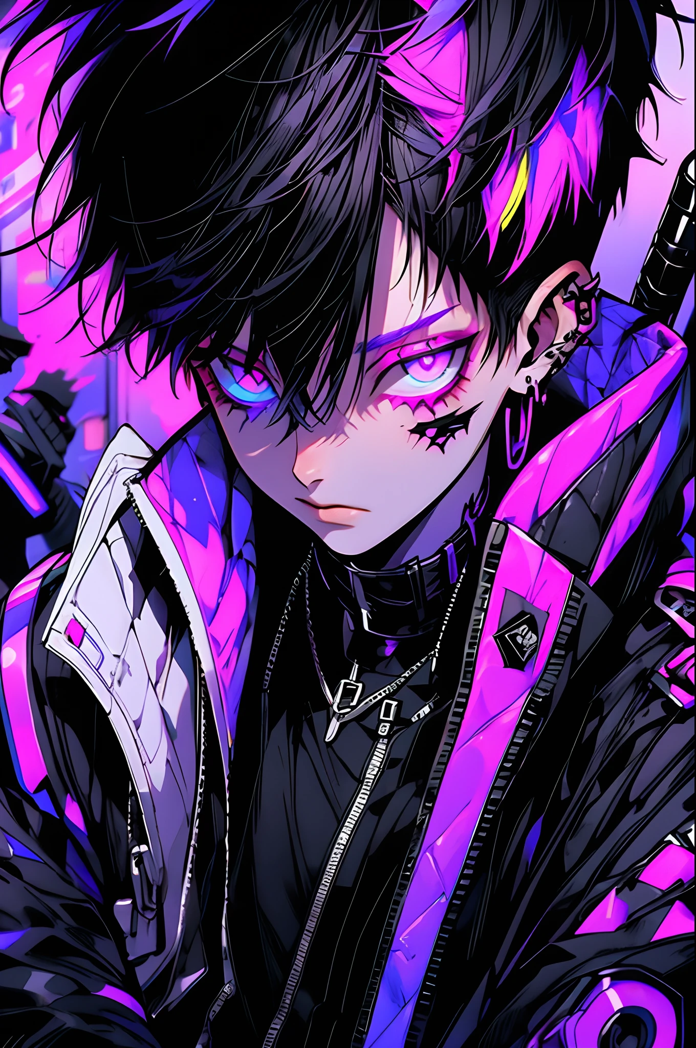 boy, white purple hair, cool black open short jacket, tatoos, messy fade cut hair, crazy, on futuristic neon night street background,