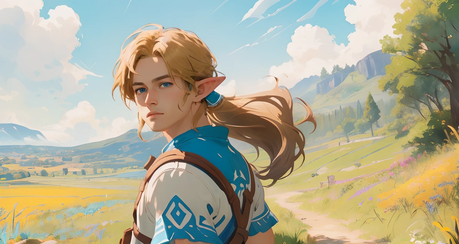 (Award Winning Digital Artwork:1.3) of (Ultra detailed:1.3) solo male, 1 guy, (bright blue eyes), (blond hair ponytail with bangs and side locks1.3), beautiful forest, handsome, straps, gorgeous,CGSociety,ArtStation, forest, fantasy, breath of the wild, botw, extremely detailed face, detailed face, beautiful detailed eyes, clear eyes, beautiful hair. Hyrule kingdom, rolling hills, amazing background, beautiful fields, (wildlife) wide open fields, dancing grass, blue skies, lovely skies, big clouds, masterpiece, perfections, wallpaper, 8k, link, tloz, ((handsome man)) looking back at viewer, adventurer, on an adventure