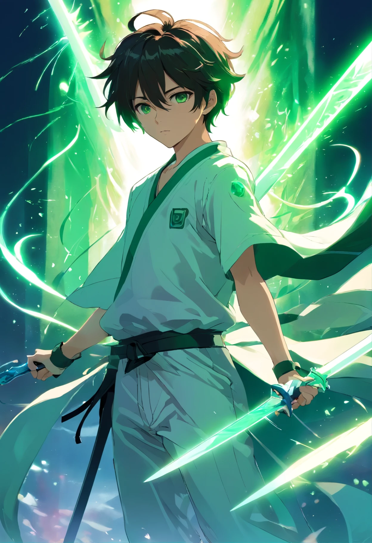 Um jovem homem adolescente com cabelos vermelhos e brancos com olhos verdes e asas de anjo,and a white outfit with black details on the left hand controlling the blood and on the right hand a dark blue sword