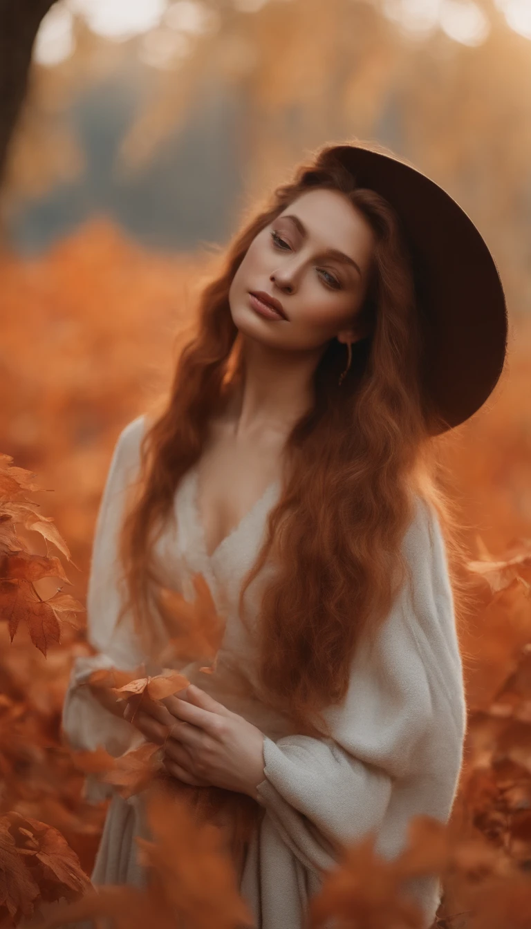 Highly detailed masterpiece 8K high-resolution content,Autumn alpine valley,Flaming red maple,eventide,Scenic beauty,Autumn leaves float in the air,There are sparkling particles fluttering,Warm light background,1 girl walking on the road,Surrealist portraits of women by David Hockney and Alphonse Mucha,hair glowing,s the perfect face,Melancholy eyes,brunette color hair,long whitr hair,Wear a jacket,Lazy movements,warm and comfortable,With a little cool autumn light,warm color:High saturation,Bright composition。。,Top-down composition ,Media components,Realistic photo style