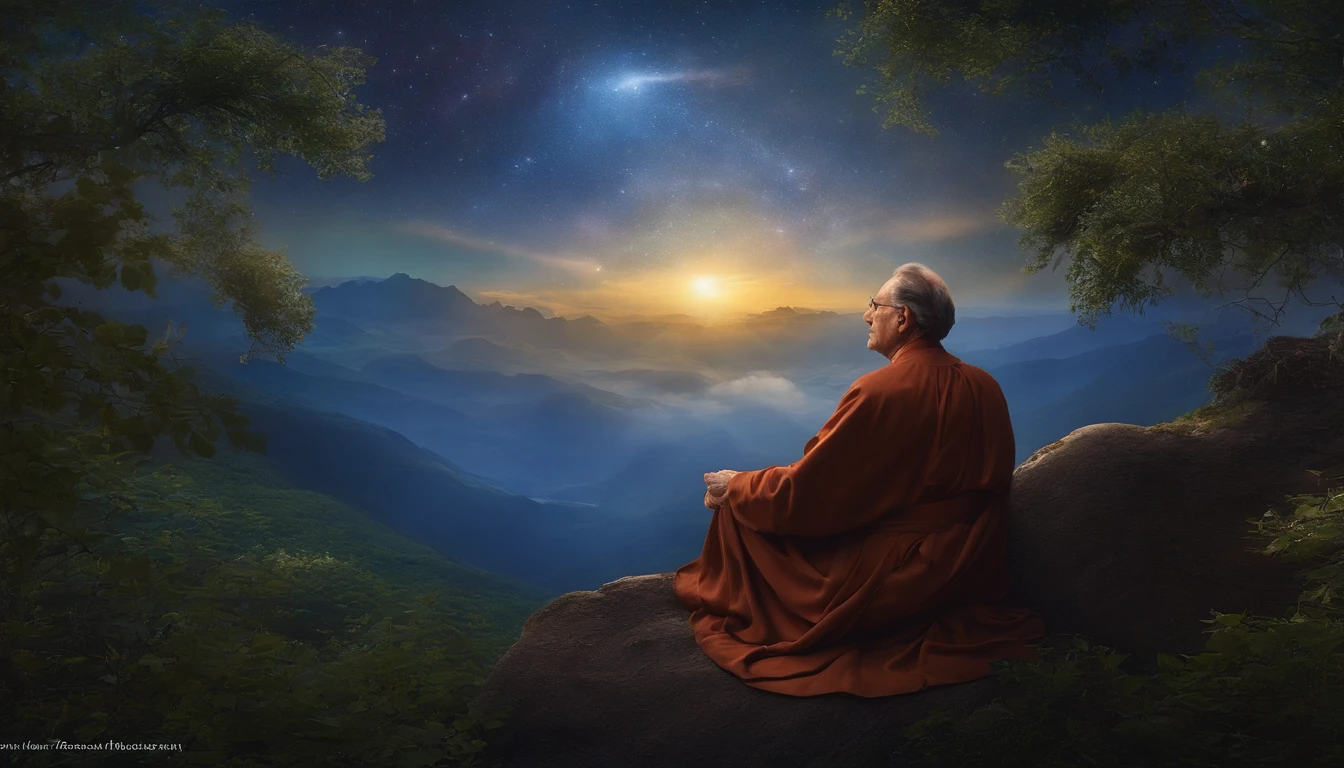 Earl nightingale's face in deep meditation, serenidade, aura brilhante e sutil, universo em AZUL e violeta, Stars and galaxies, macio, ethereal clouds, connectedness, roots in the earth, branches to the starry sky, tons amarelados, serenidade, cosmic harmony