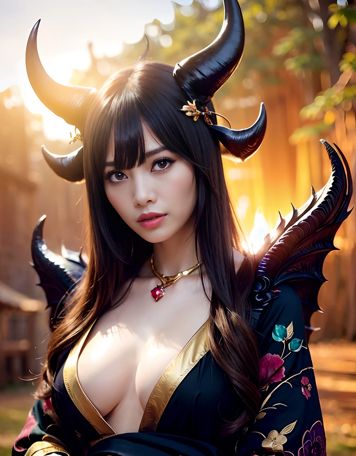 ((World of Darkness)),Professional , masterpiece、top-quality、photos realistic , depth of fields 、(sexypose)、(Black maple on the background of full bloom),(Ultimate Beauty)、A dark-haired、(shrine background)、(Kimono with beautiful pattern)、(Night background)、Beautiful hair ornament on the head、((Precipitous cliffs)),(Wear a beautiful kimono),(Wear a beautiful kimono with colorful floral patterns)、Jewel Gold Weapon、Particles of light),(Wearing a wizard's hat)、Gorgeous gold weapons ,Castle background、(( Gorgeous Dragon Sword)) , (a dark night),,(maikurobikini) 、((Black Haired Beautiful Girl))、(Castle background)、(demonic wings)、((Gangle's forest background))、Beautiful Caucasian beauty、1a person、dynamic ungle,(((Two devil's horns on the head)))、Smaller head、Idle Smile、Thin and beautiful female hands、Mystical expression、Light Effects、intense fighting、Wind-effect、magic circles、With the legendary magic wand、Dragon's tail、