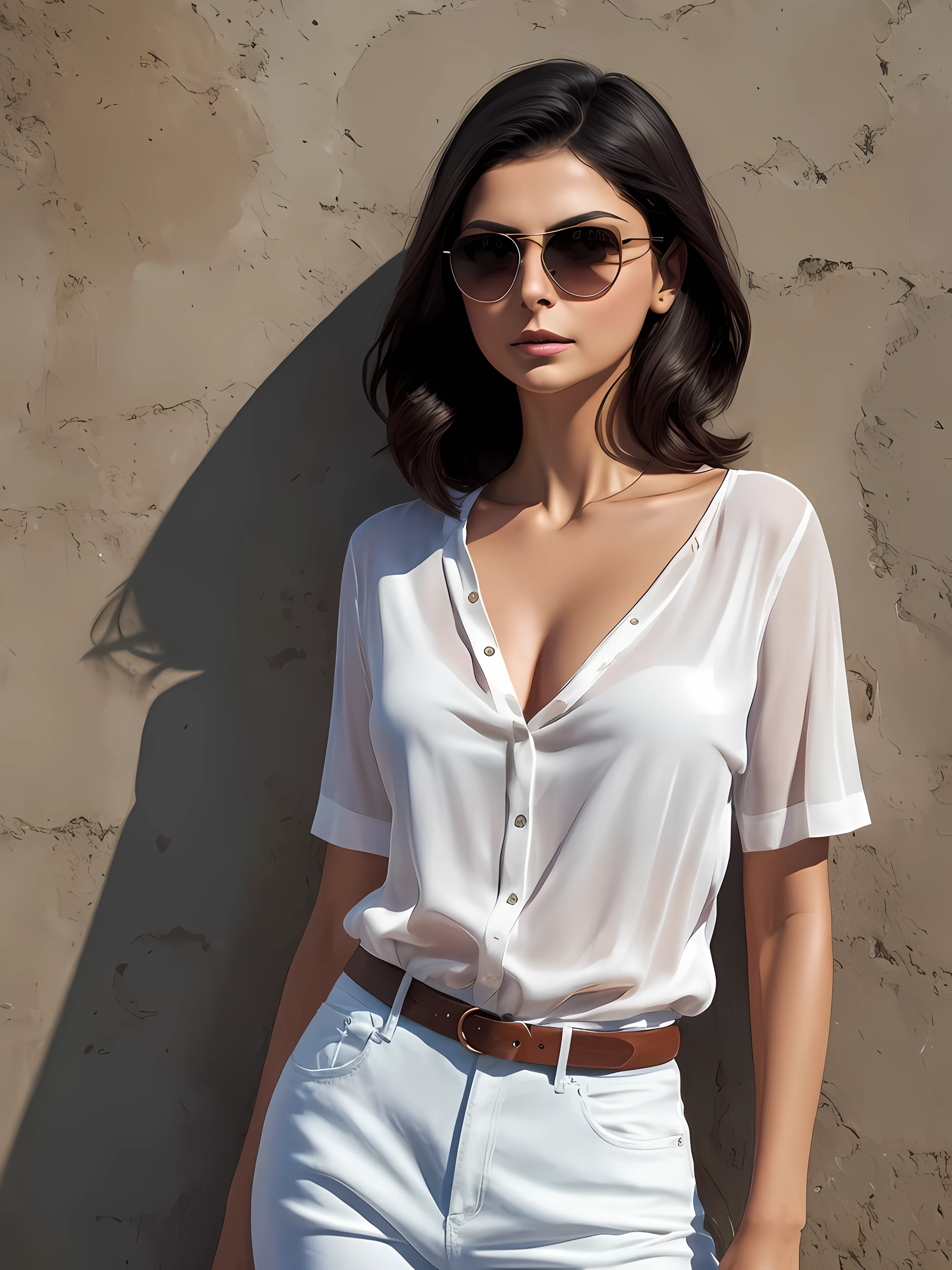 Realistic girl with sunglasses and a white shirt, inspirada em Morena Baccarin, como Morena Baccarin, in illustration style digital, Estilo de Arte Digital, Arte Digital Ilya Kuvshinov, Estilo de Alena Aenami, Estilo de pintura digital, Pintura digital vibrante, Estilo de pintura digital, pintura digital colorida, artistic, hands hidden, hands in a pocket.