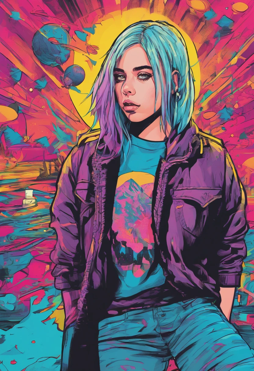 Detailed vector t-shirt design featuring an edgy goth Billie Eilish and neon splash background, with bold contour lines and carefully crafted vecto art illustration.