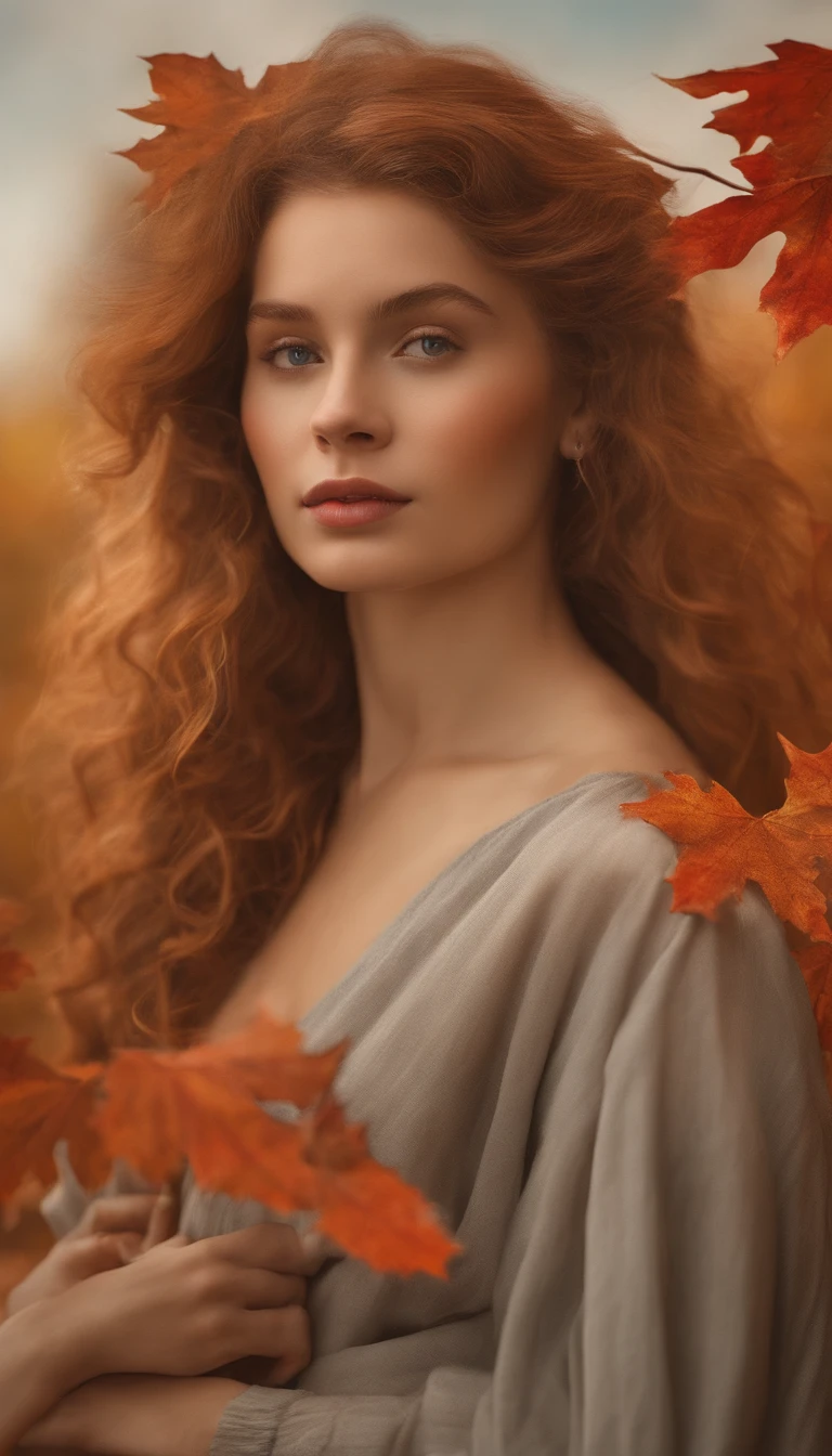 Highly detailed masterpiece 8K high-resolution content，Autumn alpine valley，Flaming red maple，eventide，Scenic beauty，Autumn leaves float in the air，There are sparkling particles fluttering，Warm light background，1 girl walking on the road，Surrealist portraits of women by David Hockney and Alphonse Mucha，hair glowing，s the perfect face，Melancholy eyes，brunette color hair，long whitr hair，Wear a jacket，Lazy movements，warm and comfortable，With a little cool autumn light，warm color：High saturation，Bright composition。。，Top-down composition ，Media components，Realistic photo style