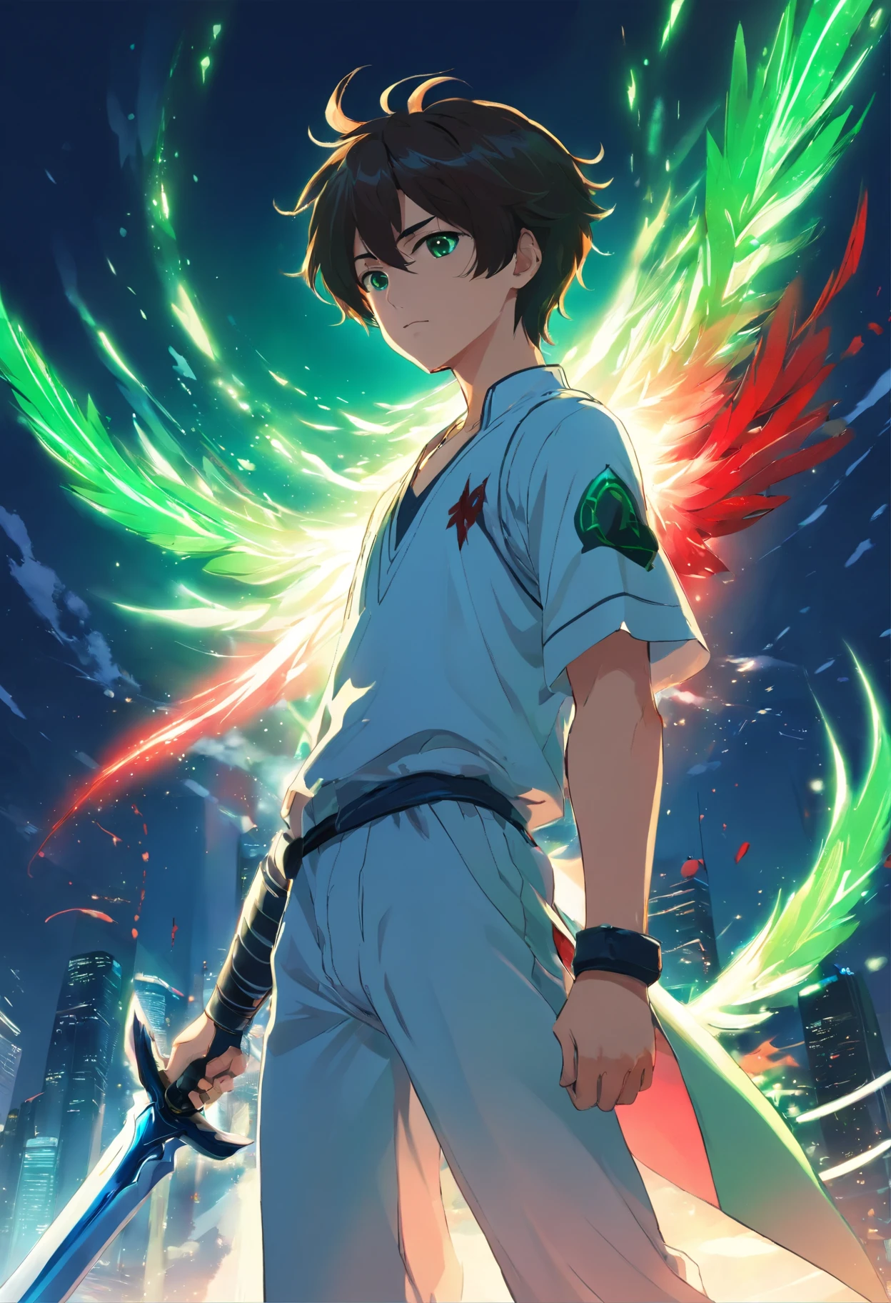 Um jovem homem adolescente com cabelos vermelhos e brancos com olhos verdes e asas de anjo,and a white outfit with black details on the left hand controlling the blood and on the right hand a dark blue red sword