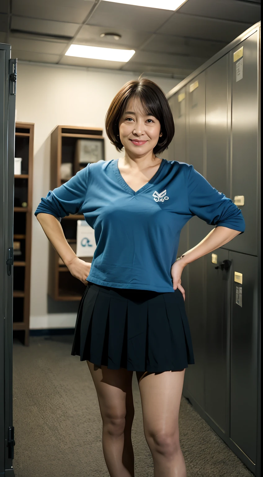 ((top-quality、8K、tmasterpiece:1.3))、Photorealsitic, foco nítido, high-level image quality, A high resolution, Portrait, Solo, jpn, Middle-aged woman, Beautuful Women, A sexy, (Triangle underwear, Tight skirts:1.3), Pantyhose, 43 yeas old, plump, bob hair, Wrinkles at the corners of the eyes, Office Changing Room, Lots of steel lockers, deep dark background,