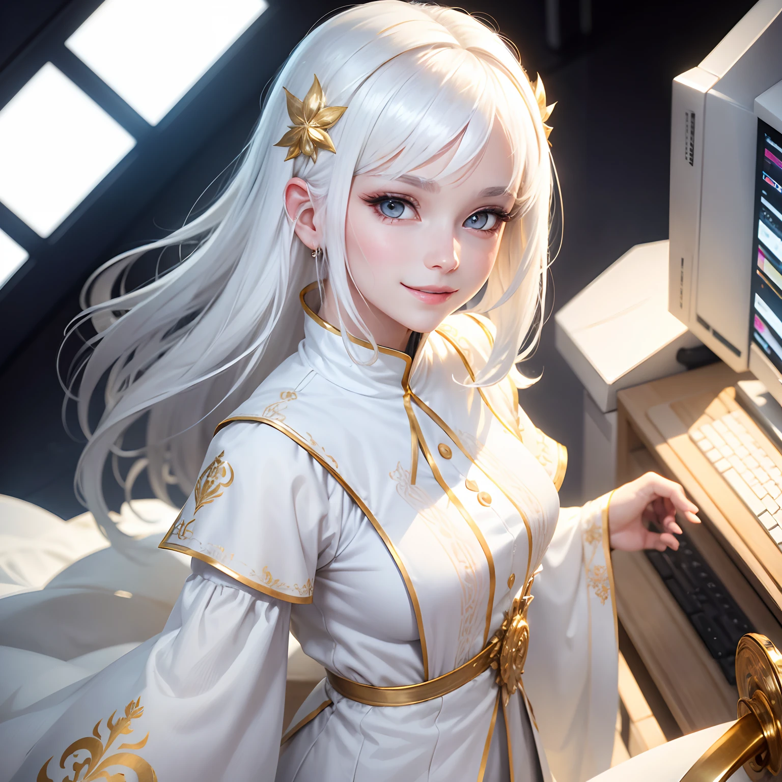best quality, white hair, gold eyes, white clothes, looking up, upper body, hair strand, Fair skin, smiling, personal computer