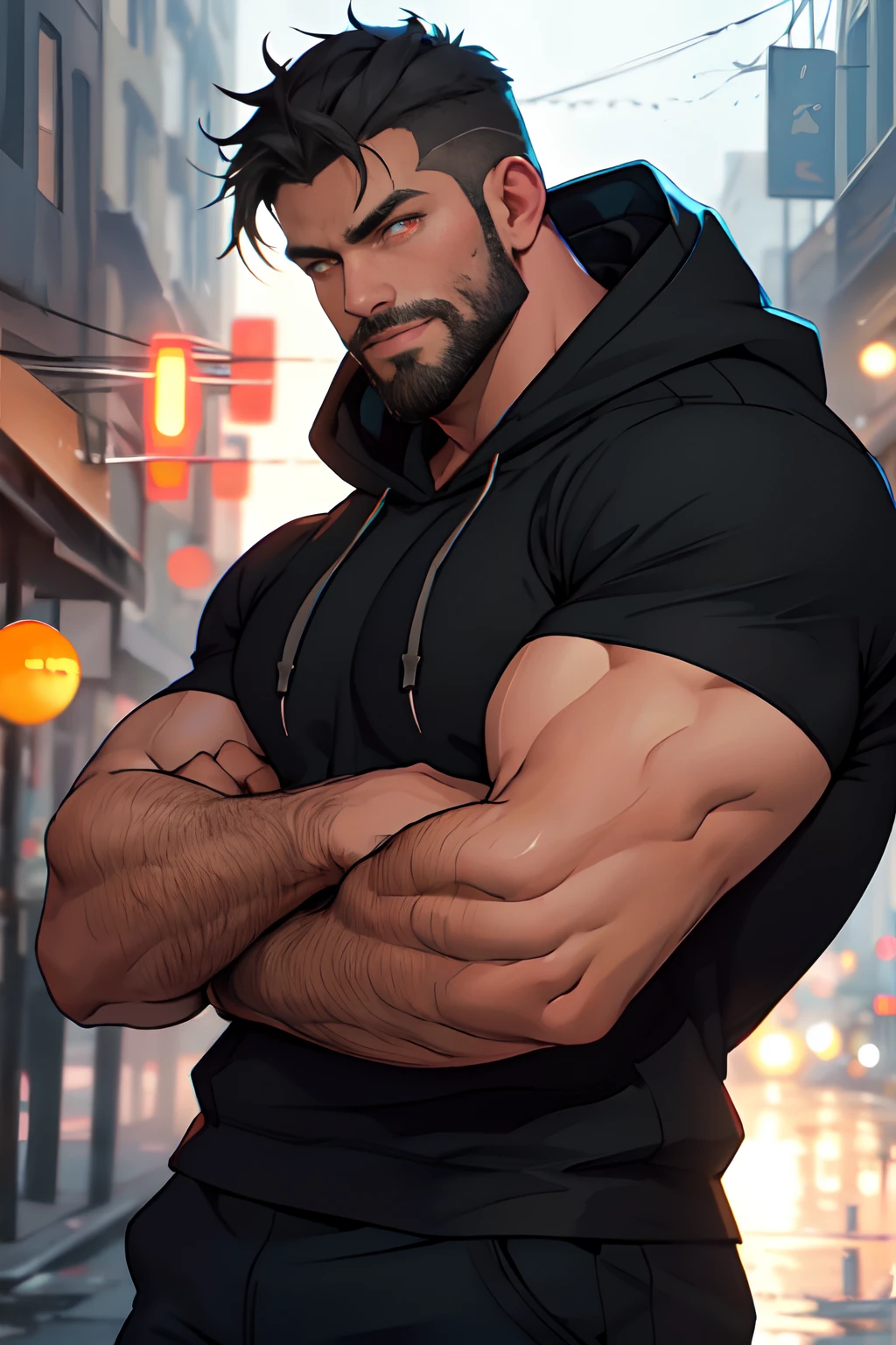 muscular man, bearded, young, young adult, huge, large shoulders, hunk, bara, black shirt, open hoodie, big arms, ((light bokeh)), intricate, elegant, sharp focus, photo by greg rutkowski, soft lighting, vibrant colors, (masterpiece), ((streets)), (detailed face), looking at viewer, orange eyes, glowing eyes, cowboy shot, half body portrait, thunder storm
